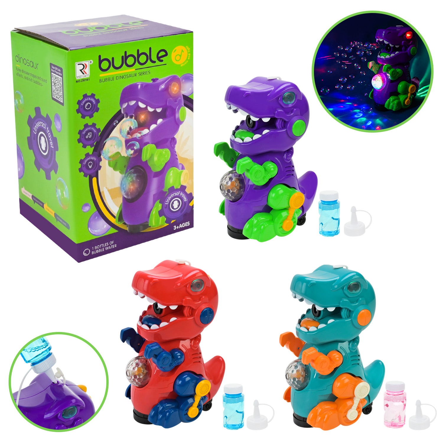 Тварина муз. арт. ZR161 (48шт/2) динозавр,пускає бульбашки, світ., звук, рух, мікс 3 кольори, короб. 14,2*14,2*21,8см