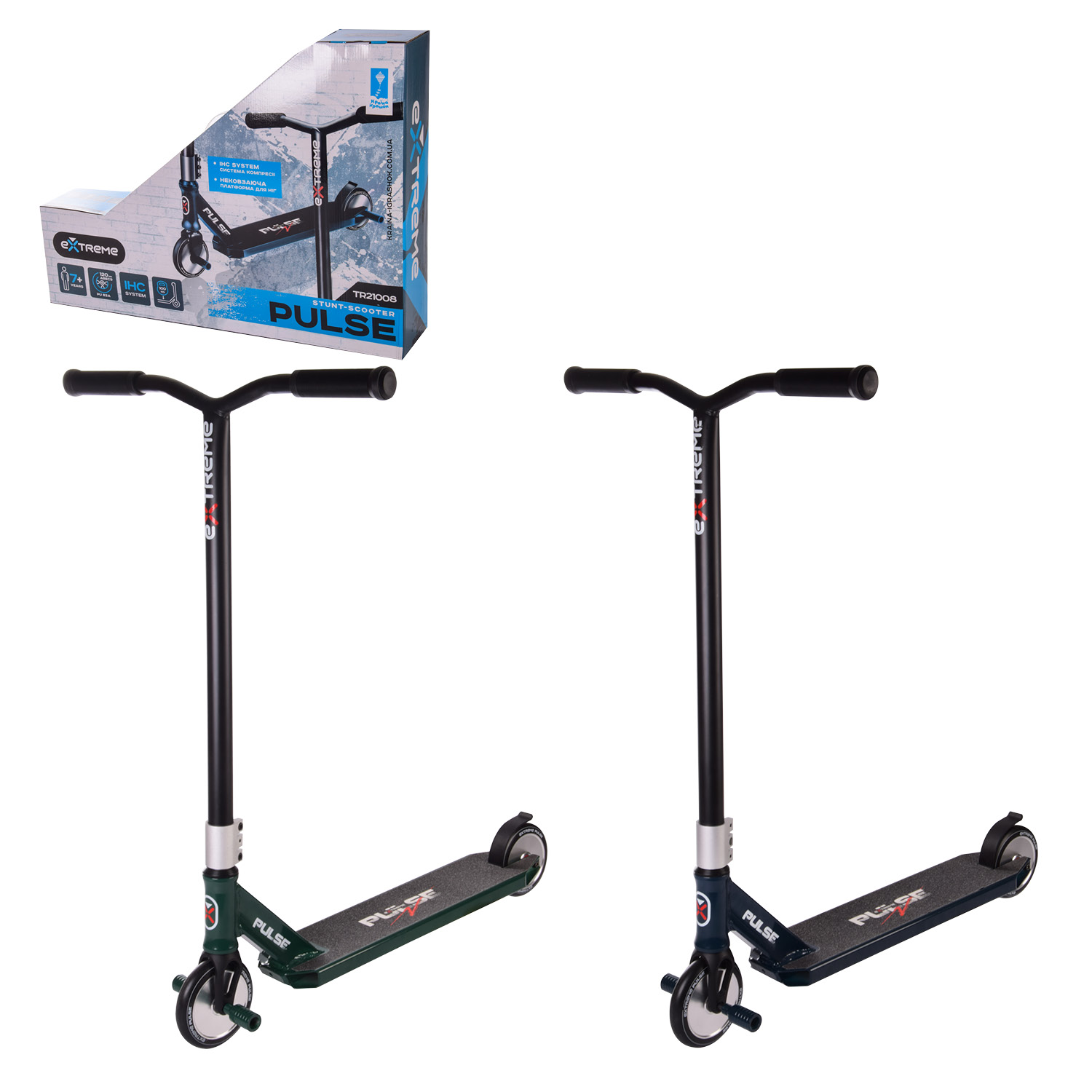 Самокат трюковий 2-х коліс. арт.TR21008 (6шт) MIX 2 кольори, Extreme Motion PULSE, PU120мм, цільний алюм, HIC, пеги