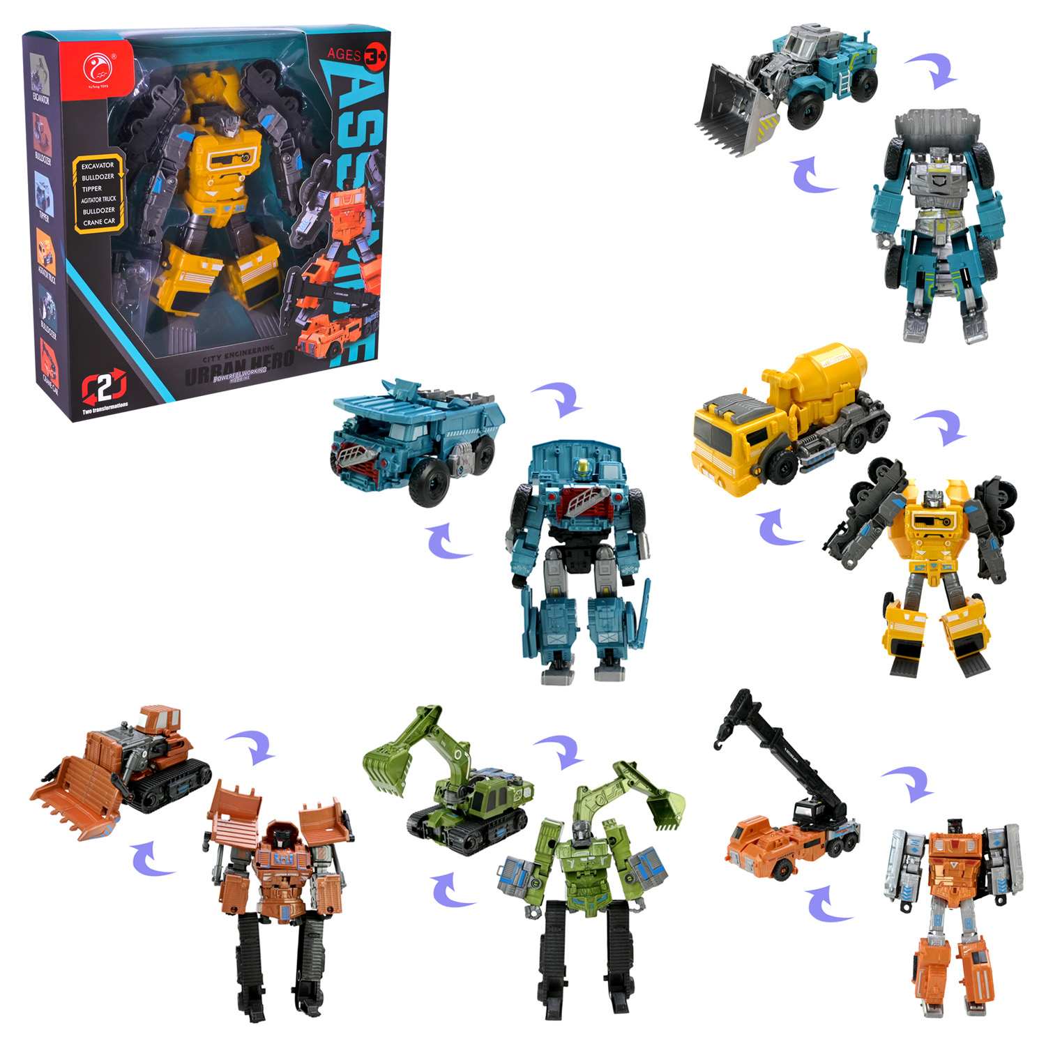 Робот арт. 908-2B1/2/3/4/5/6 (72шт/2)   6видів, будтехніка, короб. 16*16*8см