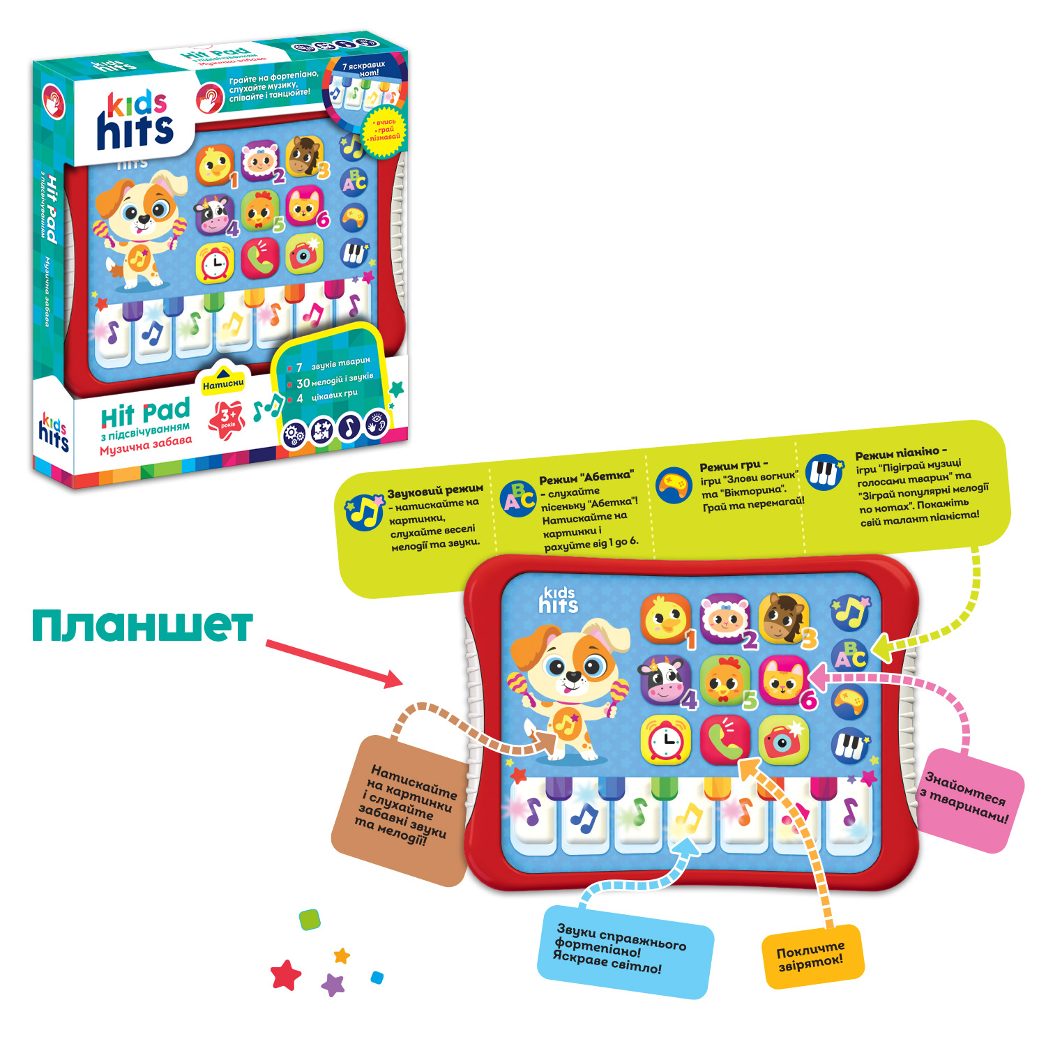 Планшет Kids Hits арт. KH01/009 (48шт)"Музичний фанат".батар.укр мова навчання,р-р 23,8*17*2см, короб.25*27*4см