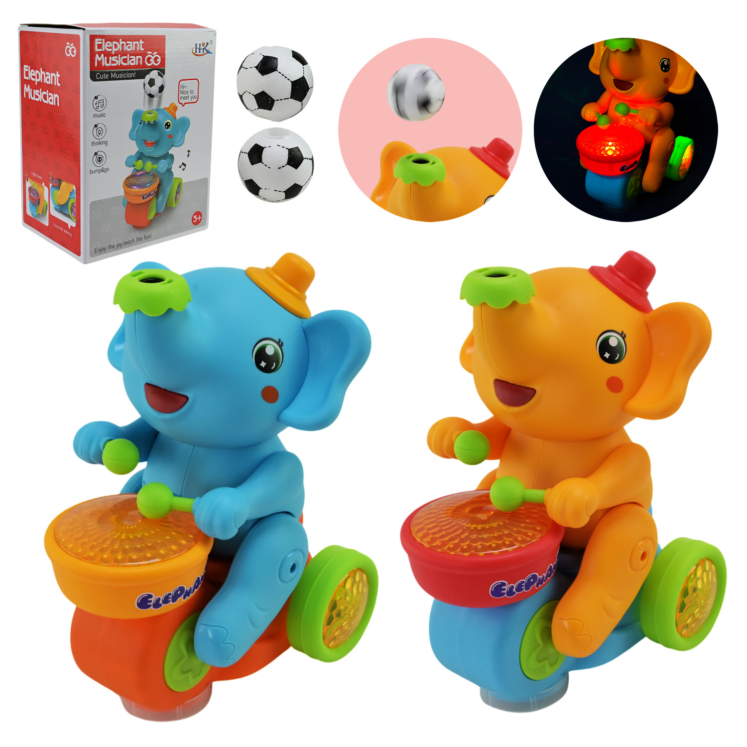 Слонік муз. арт. 664B (60шт/2)батар.,2 кольори мікс,світл.,короб. 21*16*11см