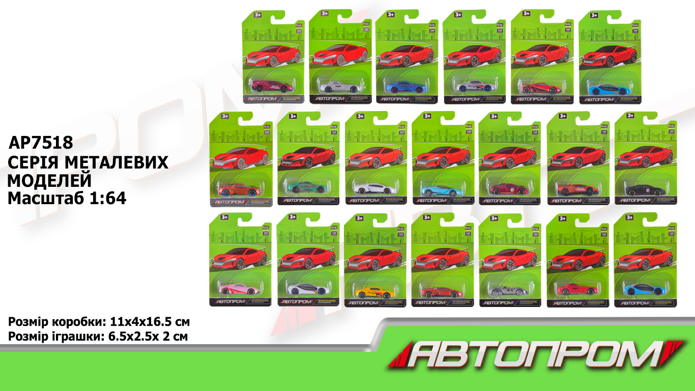 Машина мет. АВТОПРОМ арт. AP7518 (288шт/2) 1:64,20 видів, планшет. 16,5 * 11 * 4см