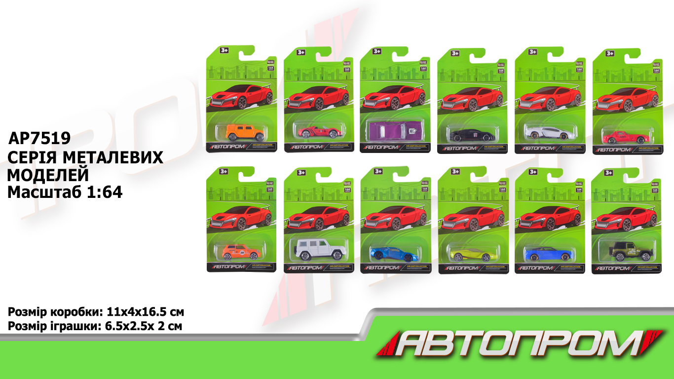 Машина мет. АВТОПРОМ арт. AP7519 (288шт/2) 1:64,12 видів, планшет. 16,5*11*4см
