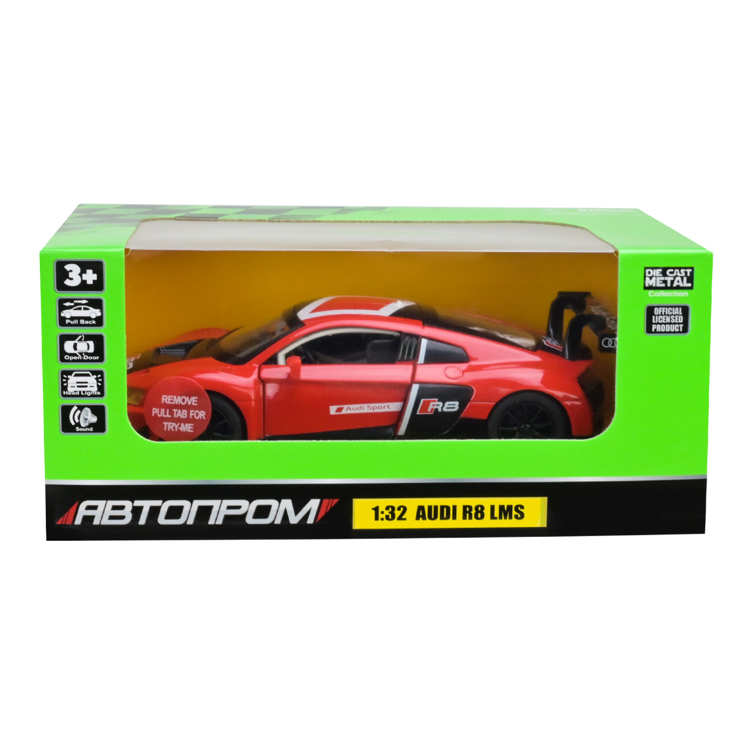 Машина металл 68370 (48шт/2) "АВТОПРОМ",1:32 "AUDI R8 LMS",батар, свет,звук,откр.двери,в коробке 18*9*8 см