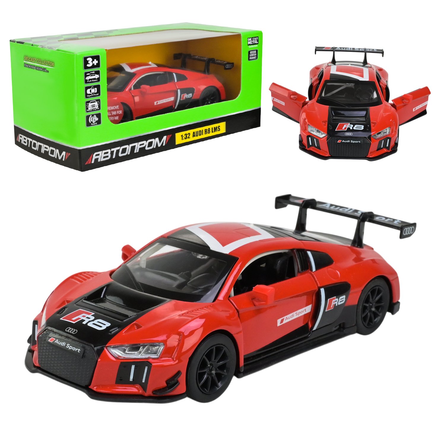 Машина металл 68370 (48шт/2) "АВТОПРОМ",1:32 "AUDI R8 LMS",батар, свет,звук,откр.двери,в коробке 18*9*8 см