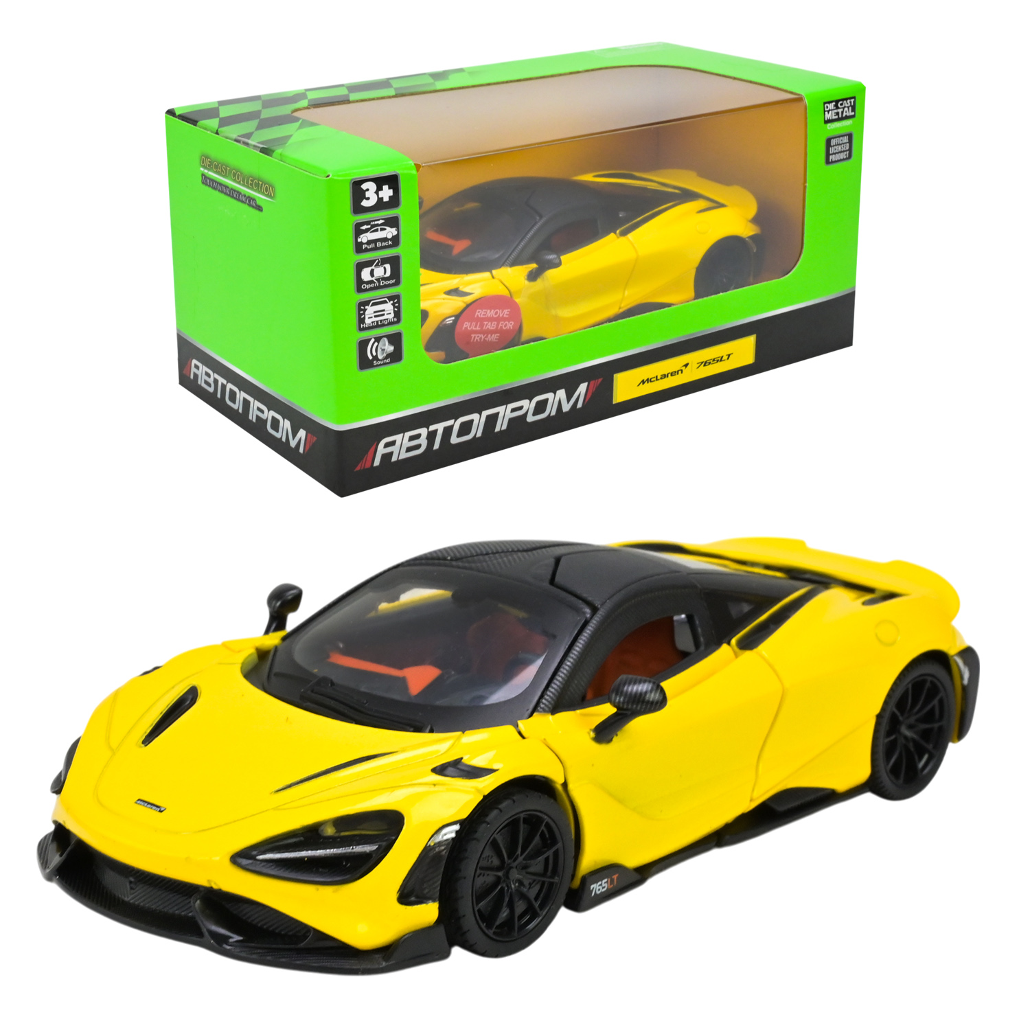 Машина металл 68709A (48шт/2) "АВТОПРОМ",1:3 "McLaren 765 LT",батар, свет,звук,откр.двери,в коробке 18*9*8 см