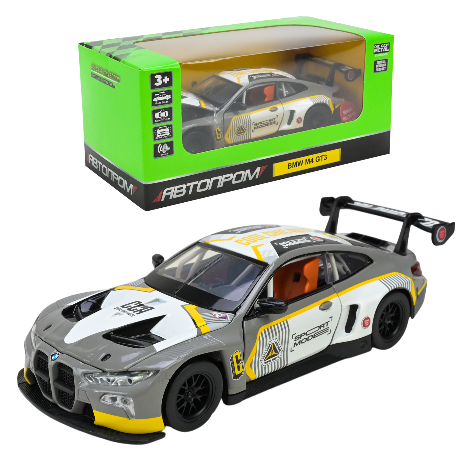 Машина металл 68715AG (48шт/2) "АВТОПРОМ",1:32 "BMW M4 GT3",батар, свет,звук,откр.двери,в коробке 18*9*8 см