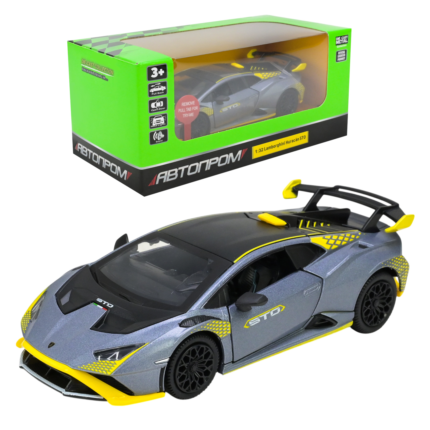Машина металл 68716AG (48шт/2) "АВТОПРОМ",1:32 "Lamborghini STO",батар, свет,звук,откр.двери,в коробке 18*9*8 см