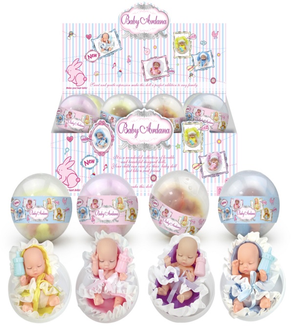 Пупс А258А (12уп по 24шт / 2) 4 види, в кулі, з ароматом, з пляшкою, пупс-11см, куля-9,5 см / Ціна за д