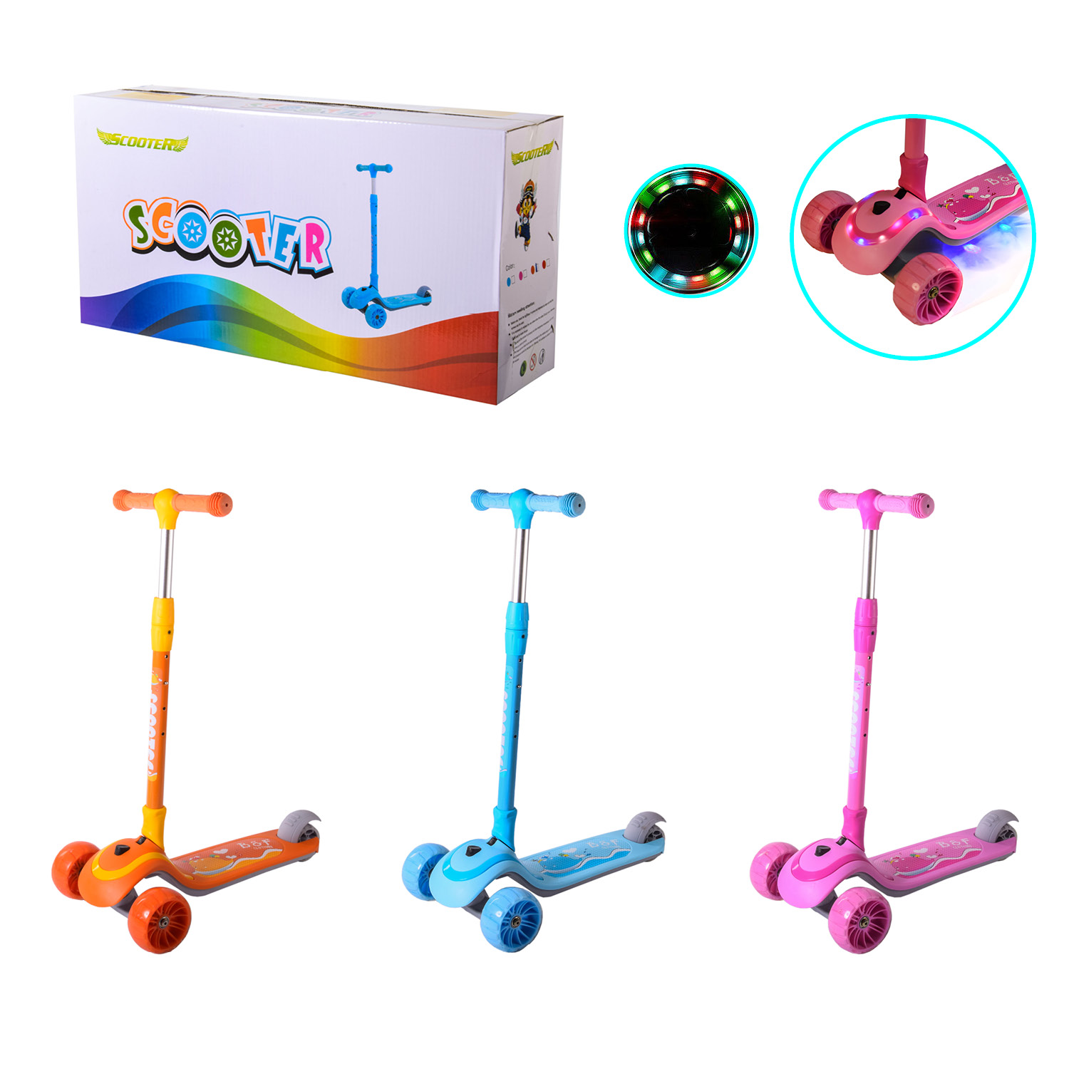 Самокат дитячий 3-х коліс. SC21013 (6шт) MIX 3 кольори, колеса PU 110*50 мм зі світлом, світло+музика