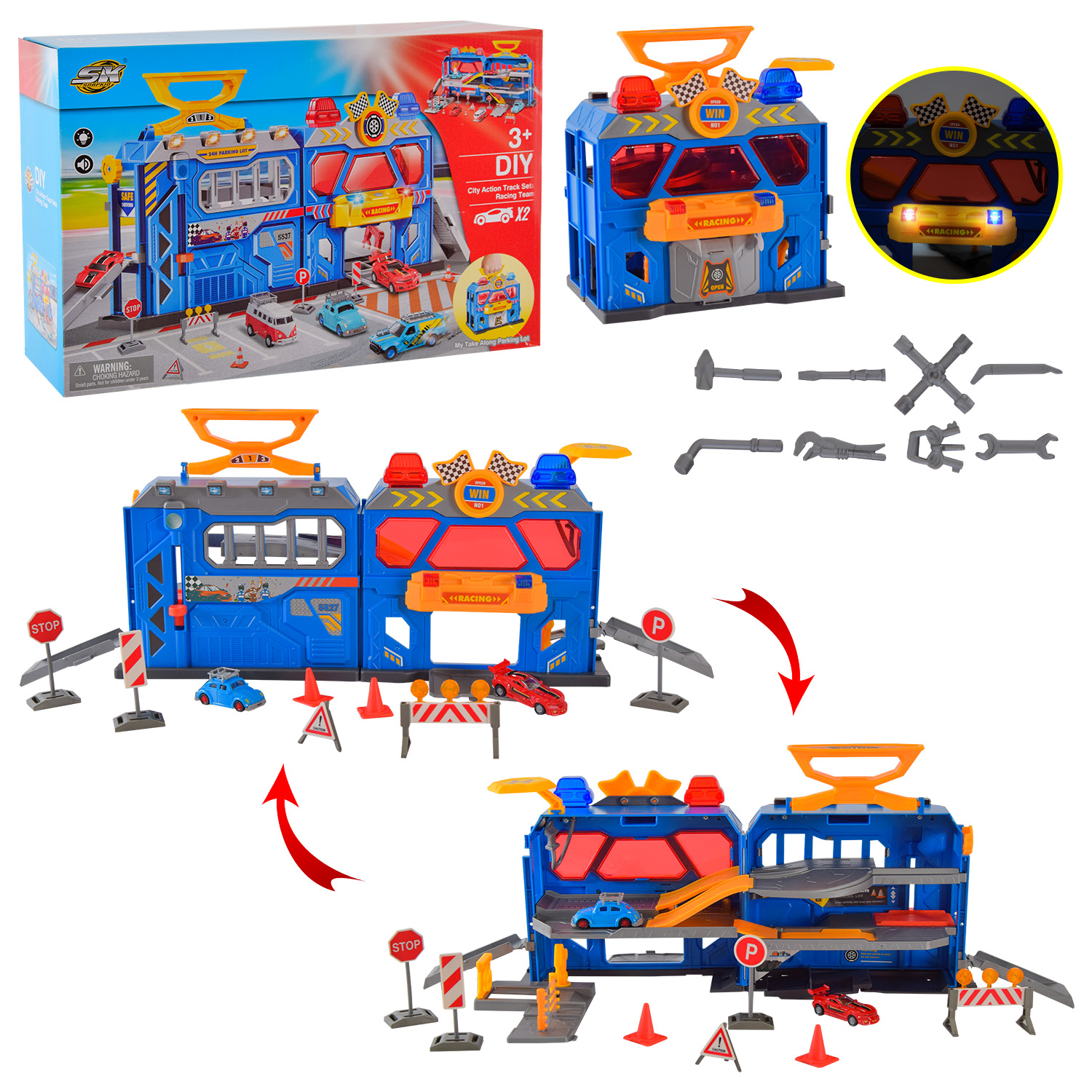 Паркінг арт. SK-739SA (18шт/2)  батар. пластик + метал,2 машинки у комплекті,світло,звук,  короб. 43,5*12,5*28см