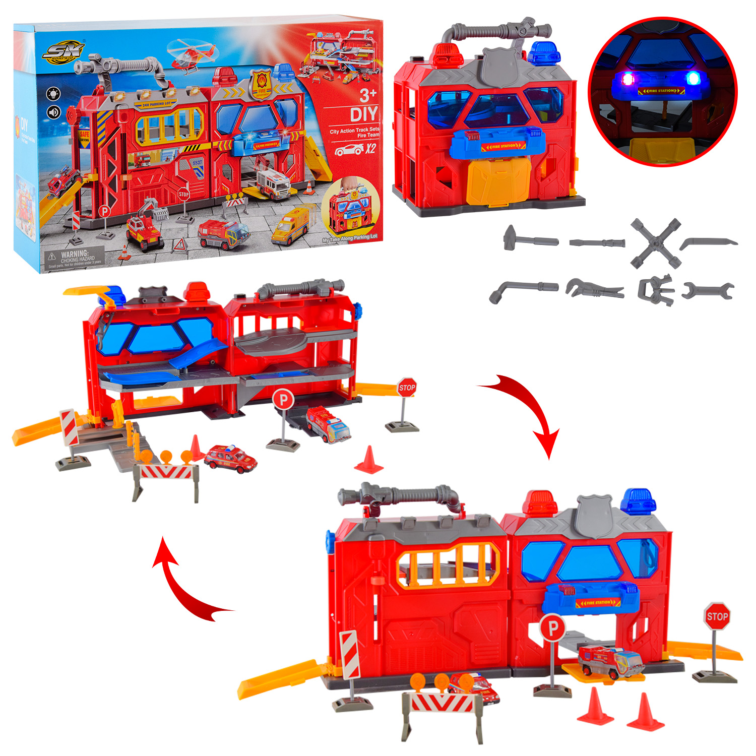 Паркінг арт. SK-739XA (18шт/2)  батар. пластик + метал,2 машинки у комплекті,світло,звук,  короб. 43,5*12,5*28см