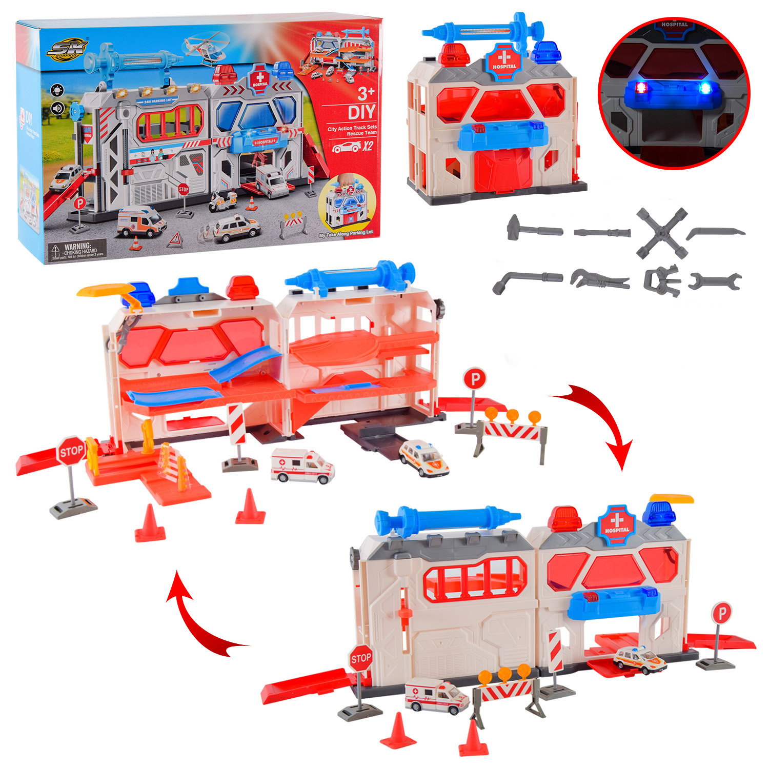 Паркінг арт. SK-739HA (18шт/2)  батар. пластик + метал, 2 машинки у комплекті,світло,звук,  короб. 43,5*12,5*28см