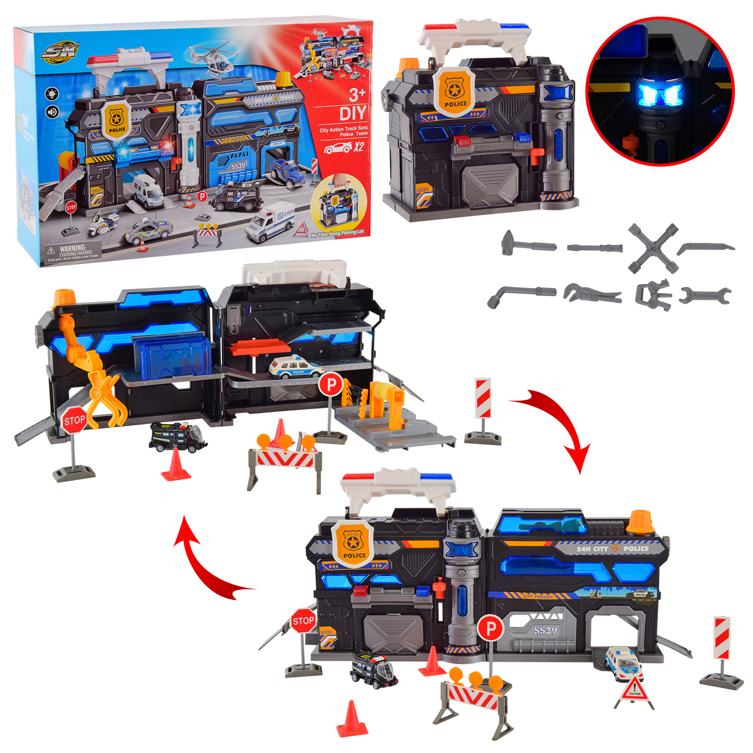 Паркінг арт. SK-599JA (18шт/2)  батар. пластик + метал,2 машинки у комплекті,світло,звук,  короб. 43,5*12,5*28см