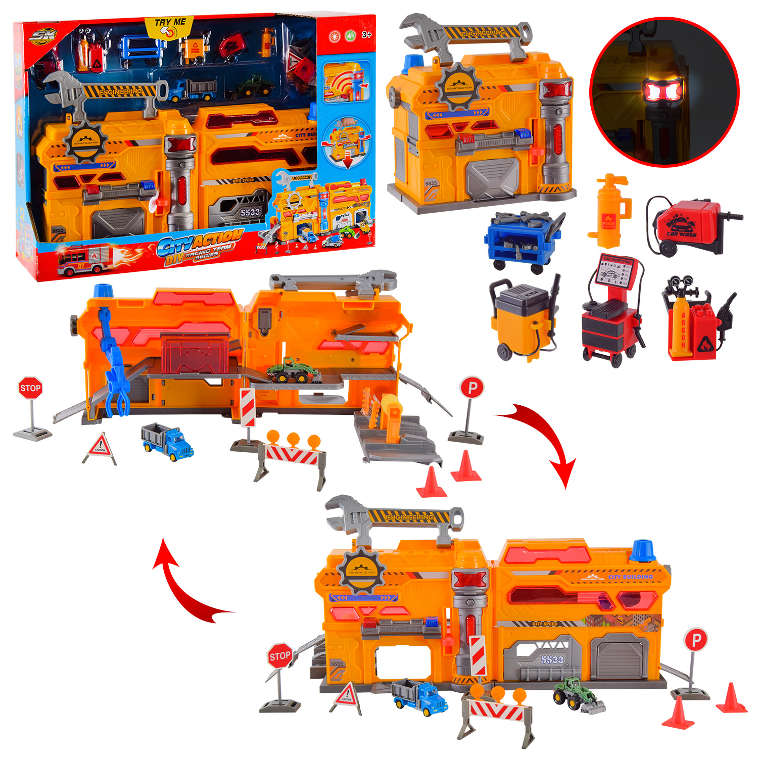 Паркінг арт. SK-599GB (12шт/2)  батар. пластик + метал,2 машинки у комплекті, світло,звук,  короб. 44*12,5*33см