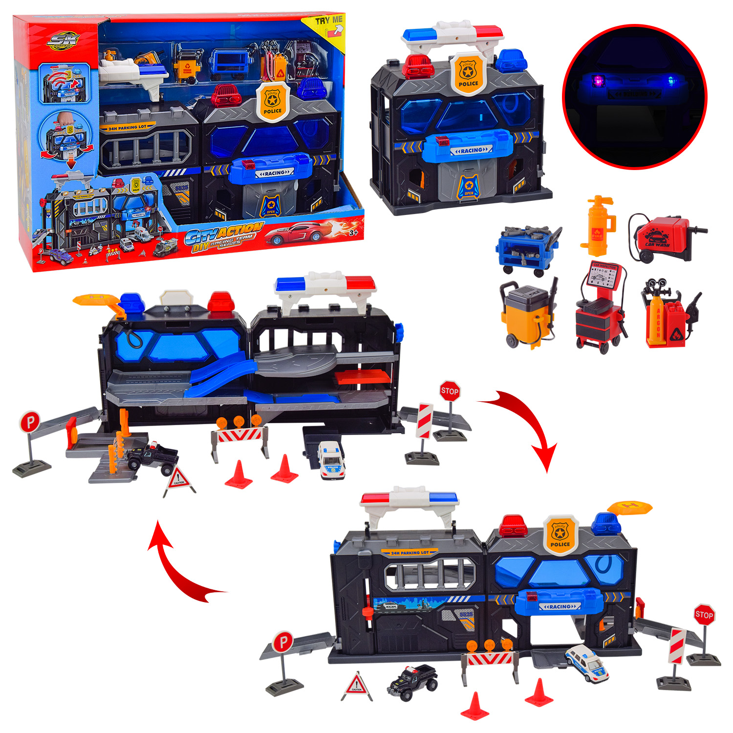 Паркінг арт. SK-739JB (12шт/2)  батар. пластик + метал, 2 машинки у комплекті,світло,звук,  короб. 44*12,5*33см