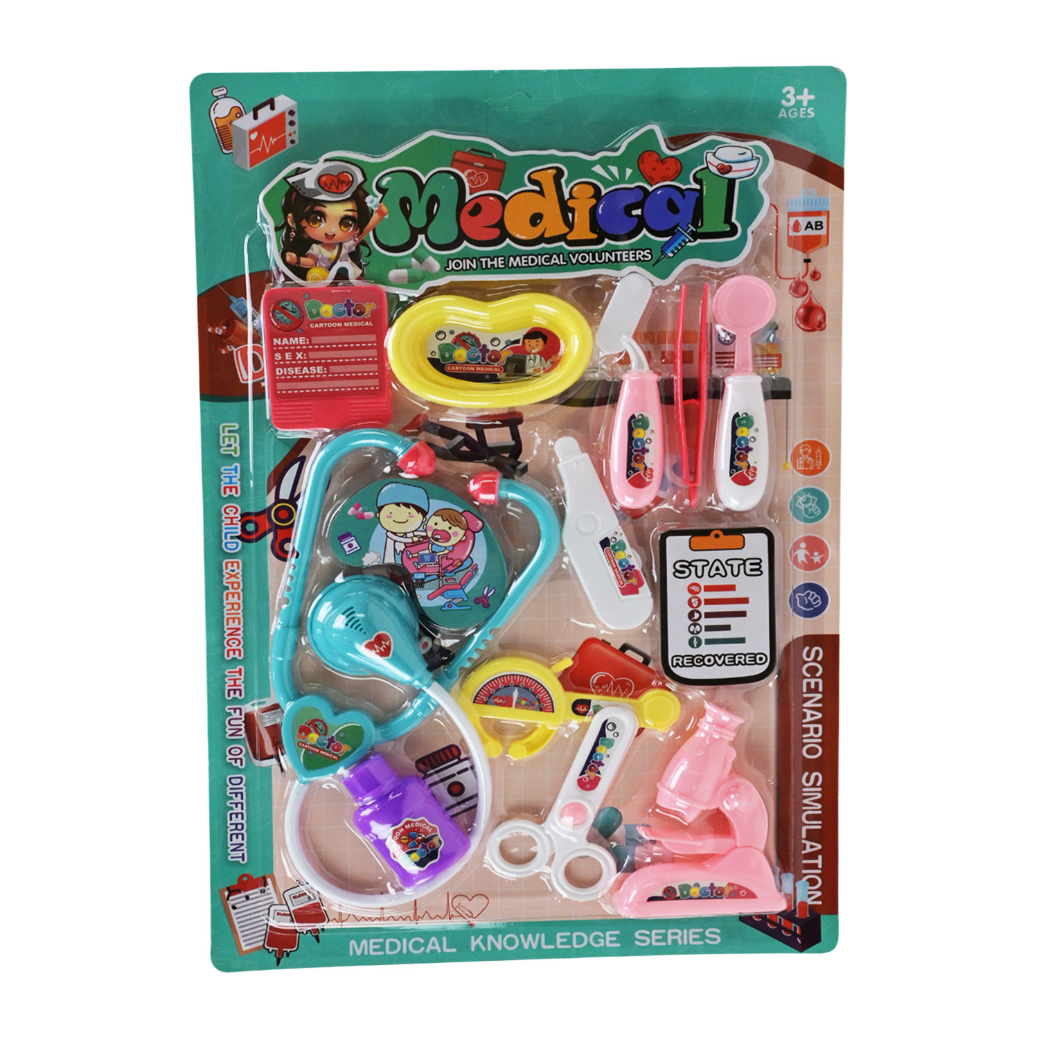 Лікар набір арт. LY3009 (120шт/2) мікс 2 кольори, стетоскоп, шприц планш. 28*3*43 см