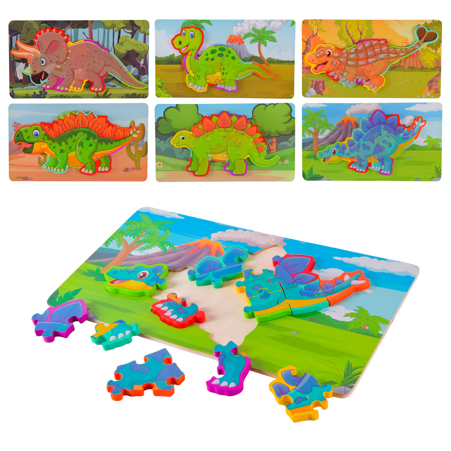 Дерев'яна іграшка арт. WD13102 (60шт) динозавр вкладиш-пазл 6 видів 40*22,5см в плівці