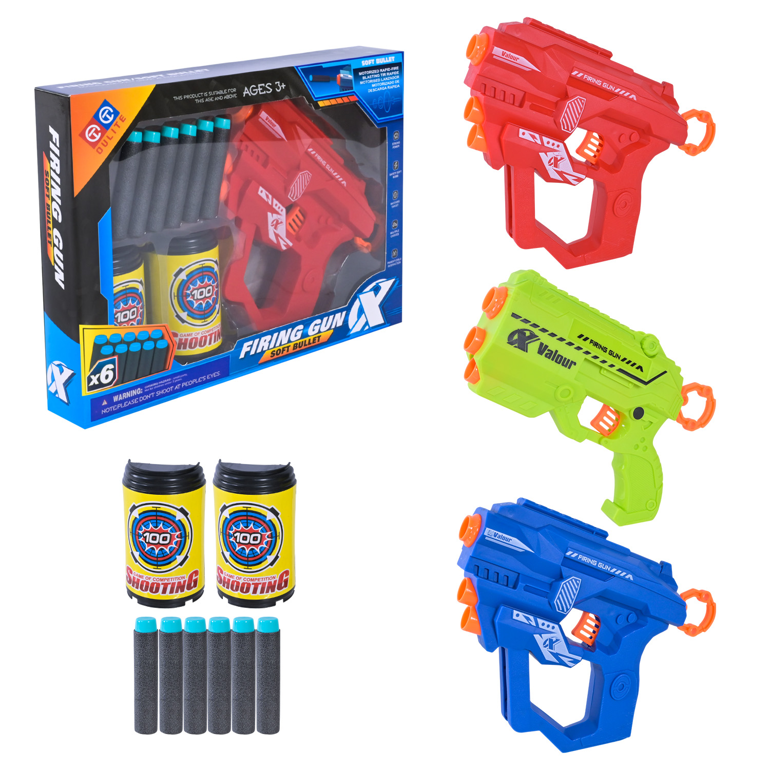 Бластер арт. SC-5/6/7 (120шт/2)   3кольора,6поролон. снаряда  в набор+2мішені, короб. 28*4,2*21см