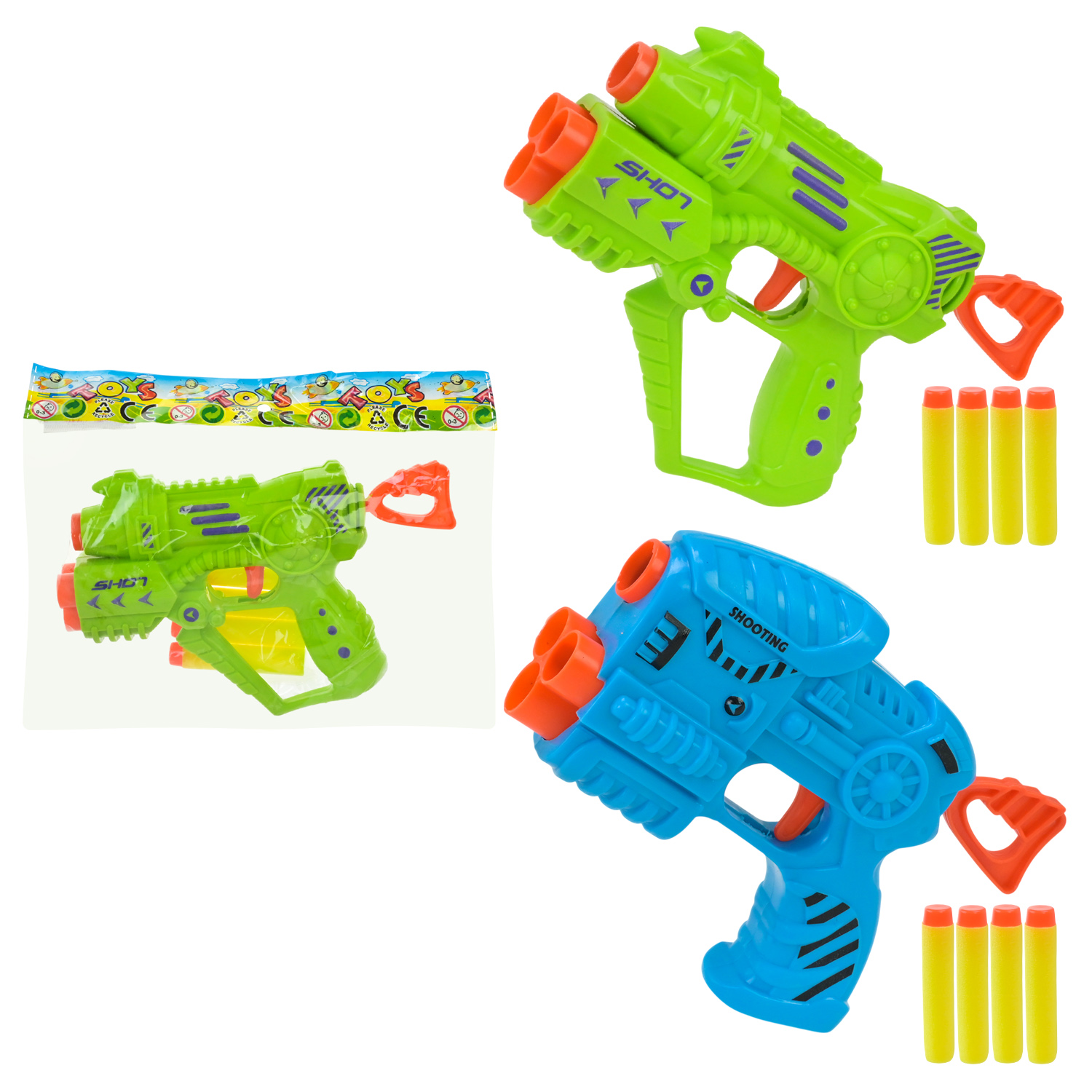 Бластер арт. KI-3 (360шт/2)   2кольора,2поролон. снаряда  в наборі, короб. 19*4,5*16см