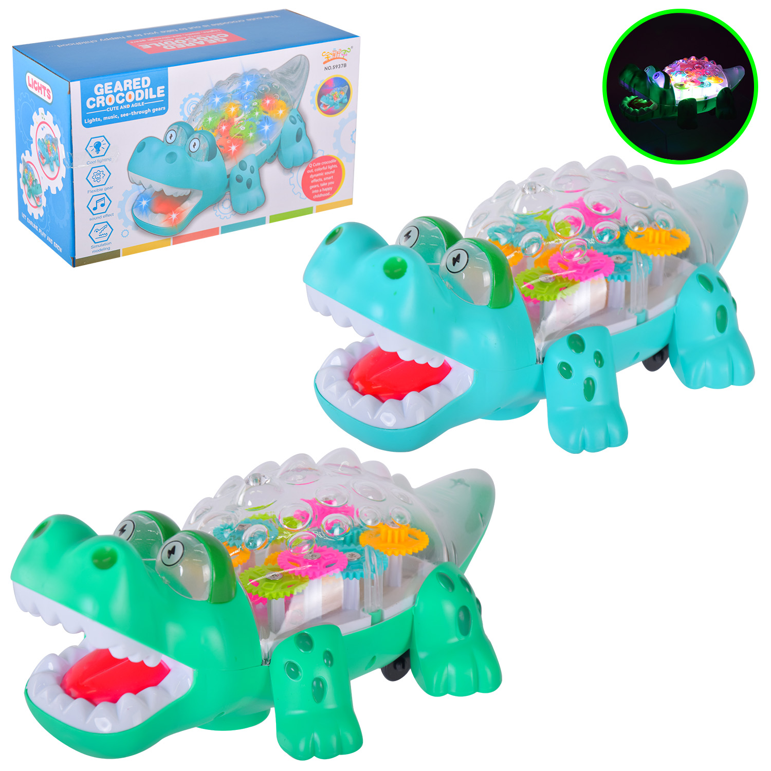 Тварина муз. арт. 5937B (60шт/2) батар, 2 кольори мікс,прозорий корпус,кольорові внутрішні деталі, світло, звук, р-р 26*11*15, короб. 27*11,5*15,5 см