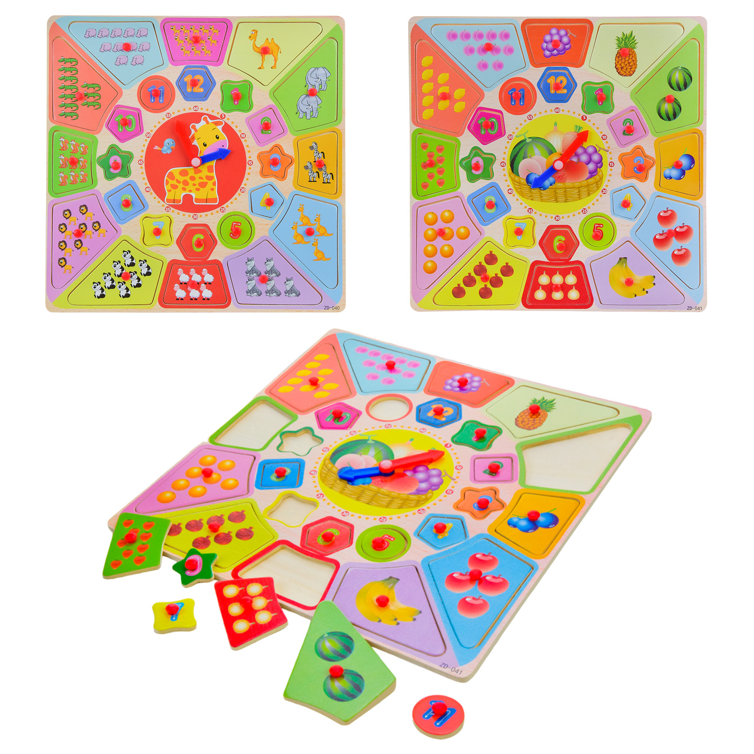 Дерев'яна іграшка арт. WD13122 (100шт) годинник, вкладиші 2 види 30см у плівці