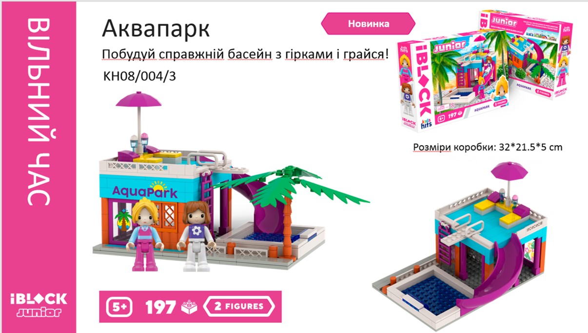 Конструктор Kids hits IBLOCK JUNIOR арт. KH08/004/3 (24шт/2) Дівчатка, Аквапарк,197 дет,компл. 2 фігур,інстр., наліпки,короб. 32*21.5*5
