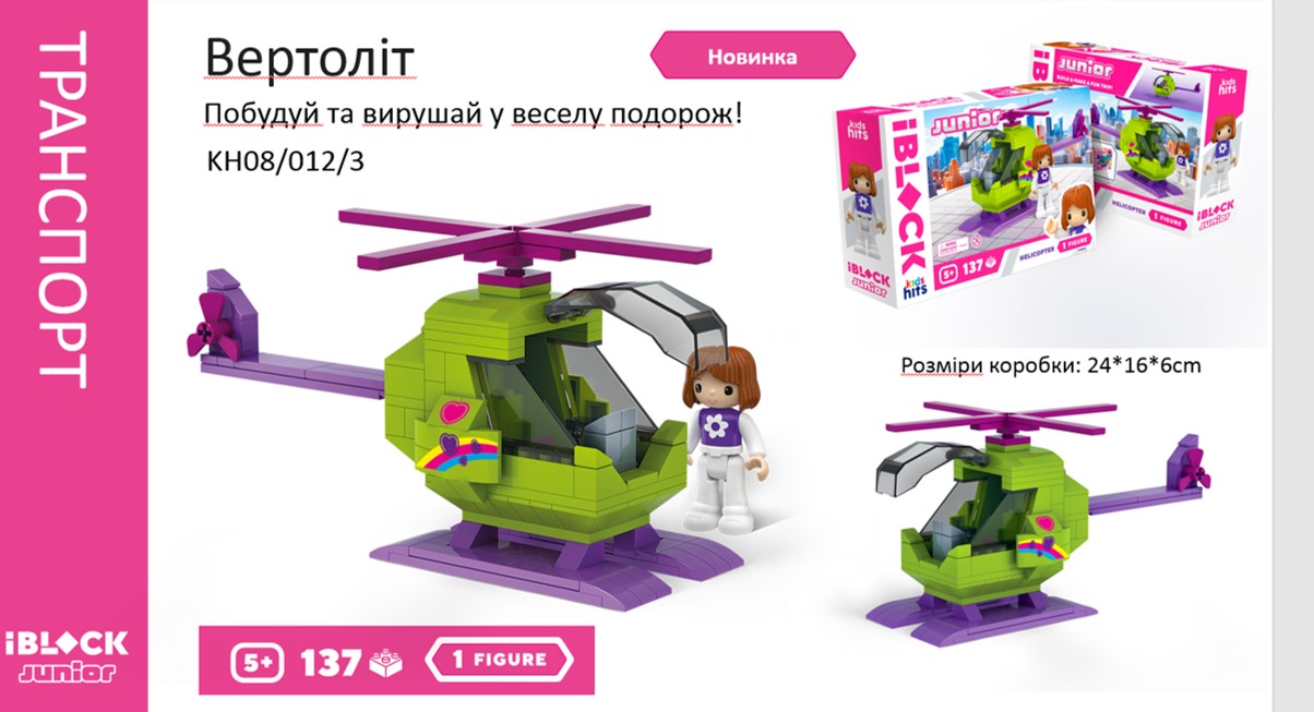 Конструктор Kids hits IBLOCK JUNIOR арт. KH08/012/03 (36шт/2) Дівчатка, Вертоліт 137 дет,компл. фігур, інстр., наліпки,короб. 24*16*6