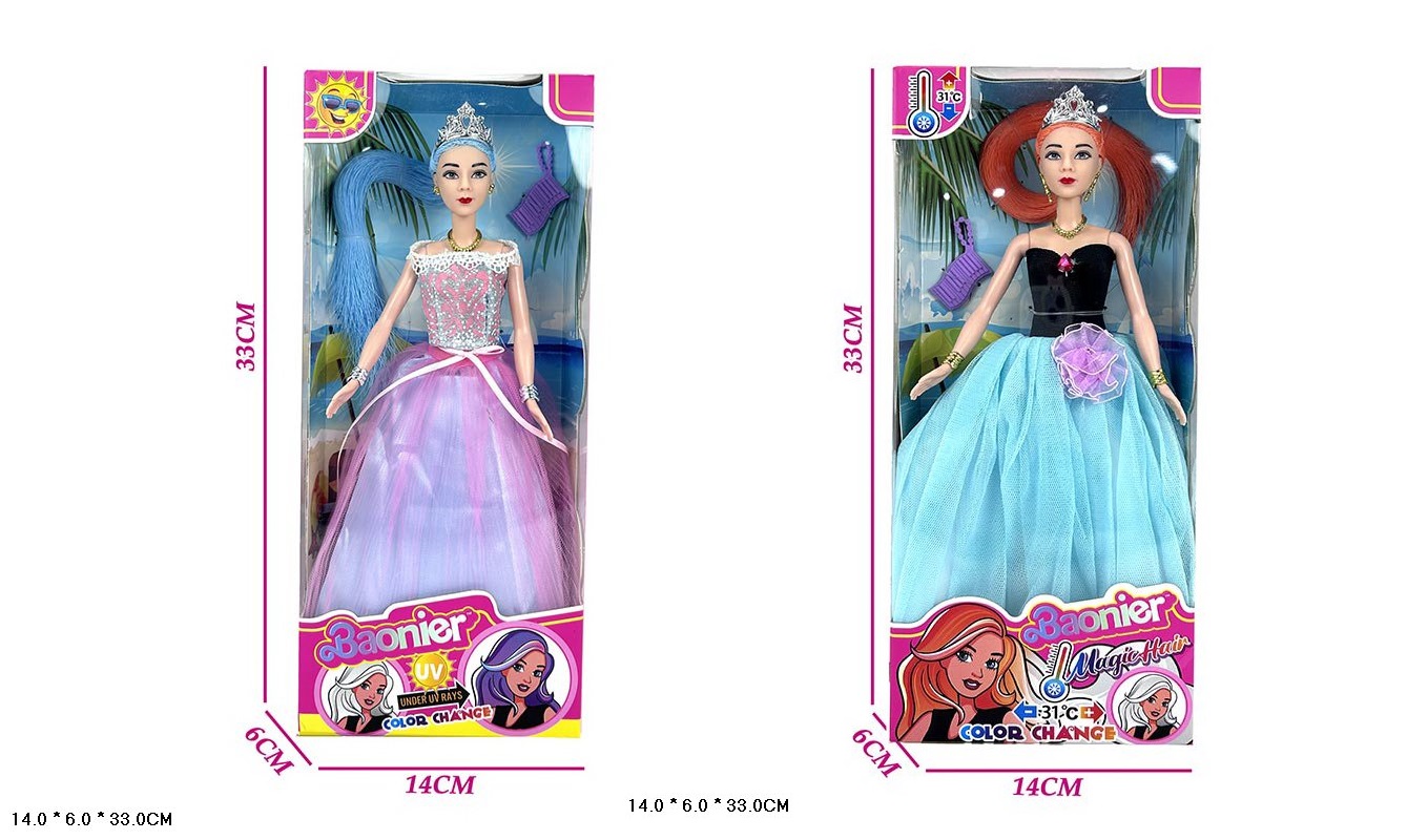 Лялька арт. JJ9903-G9/JJ9905-W13 (108шт/2) Типу Барбі, мікс 2 види, змінюе колір волосся під впливом тепла чи холоду короб. 33*14*6см