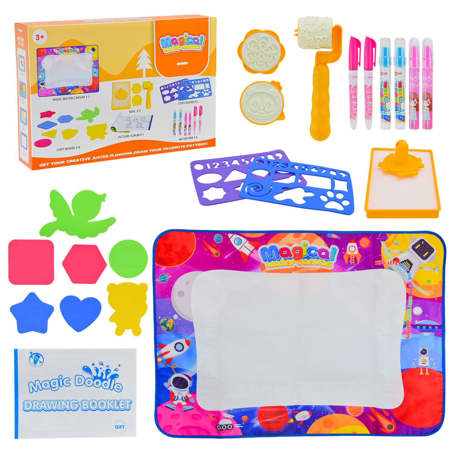 Килимок для малювання арт. BY2021-81 (60шт) малювання водою, зникає через 5 хв., в комплекті трафарети, 6 водяних маркери, інструкція з малювання,р-р100*71см, короб 28*6*19см