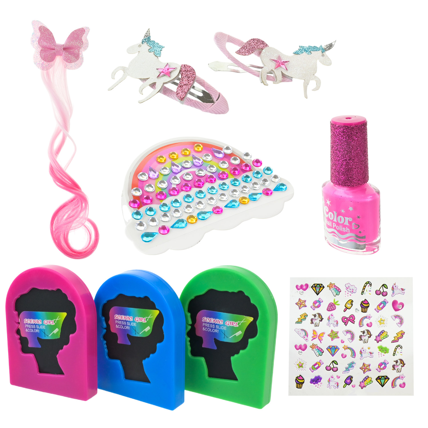 Косметика арт. T254 (24шт/4) крейда для волосся, кольорові пасма, резиночки, наліпки, аксес короб. 35*19*5 см