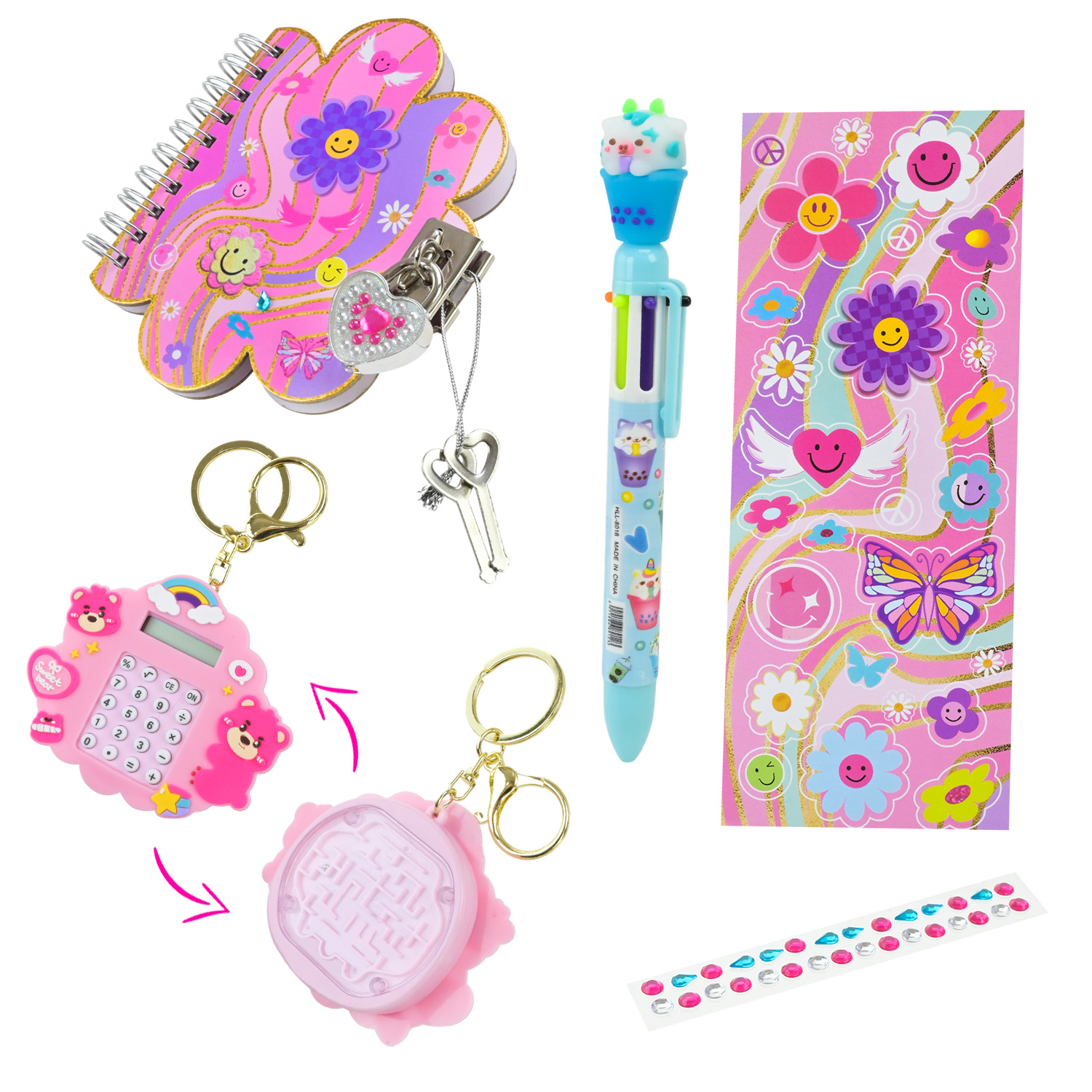 Аксесуари для дівчат арт. T125EF (24шт/4) чарівний записник, ручка, наліпки.калькулятор-брелок короб.25*3,5*22 см