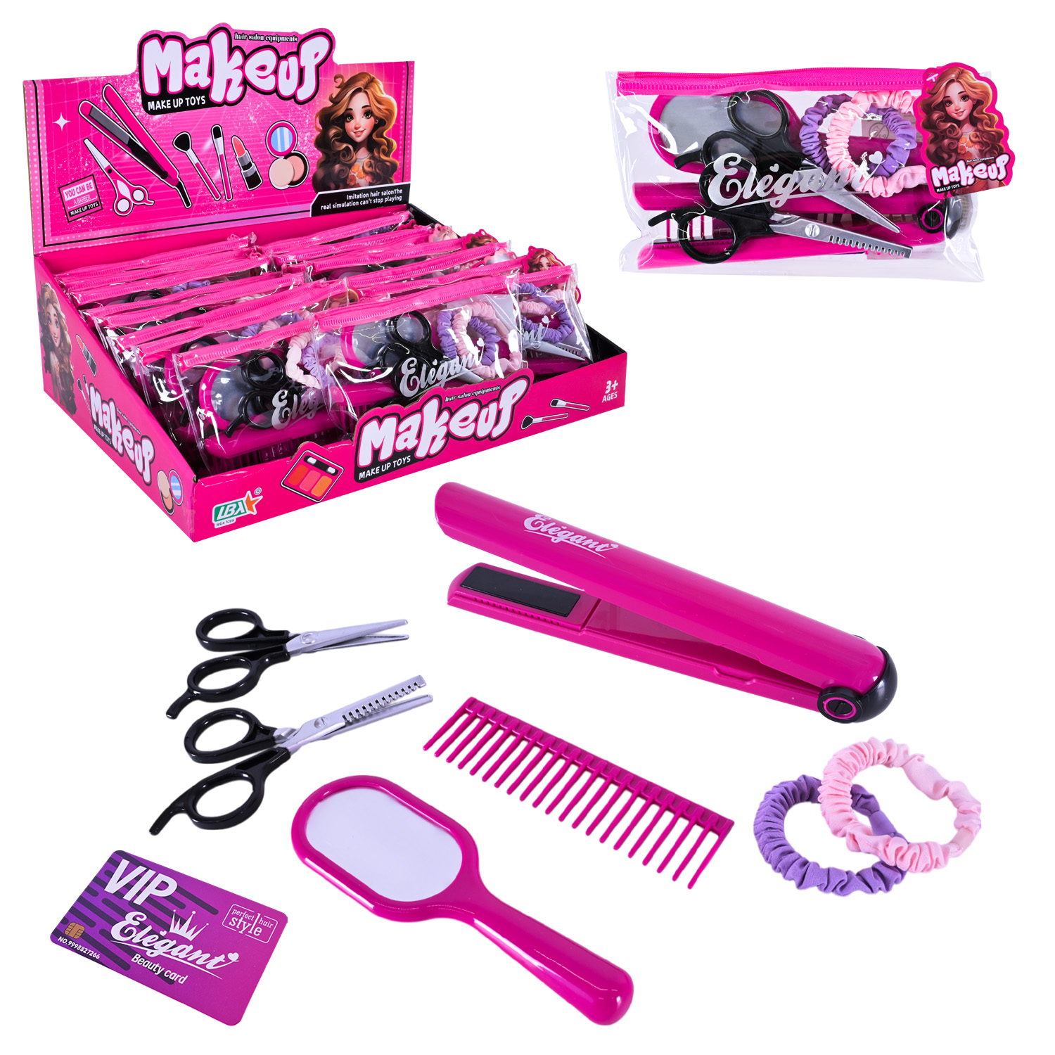 Перукаря набір арт. SP-H-03 (192шт)   (12 д,б*16 шт), ціна за 1 шт, ножиці, дзеркало, аксесуари, у косметичці 20*11см, дисп.бокс. 40*12*33см