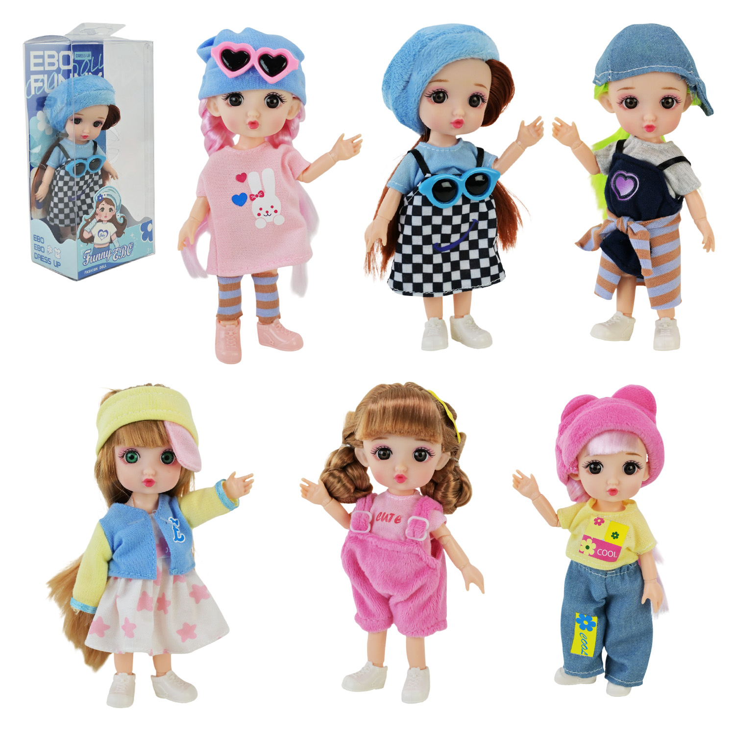 Лялька арт. DH2368A (144шт/2) 6 видів, маленька в стильному вбранні короб. 19*6,5*9,3 см