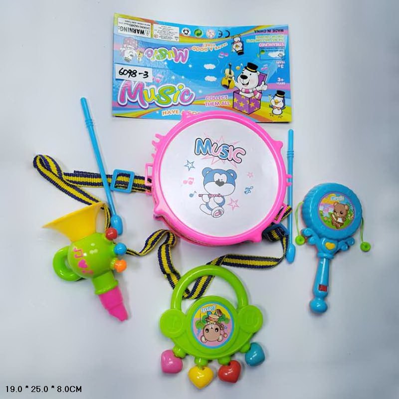 Музичні інструменти. арт. 6098-3 (120шт/2) дудка,  барабан, брязкальце, пакет 19*25*8см