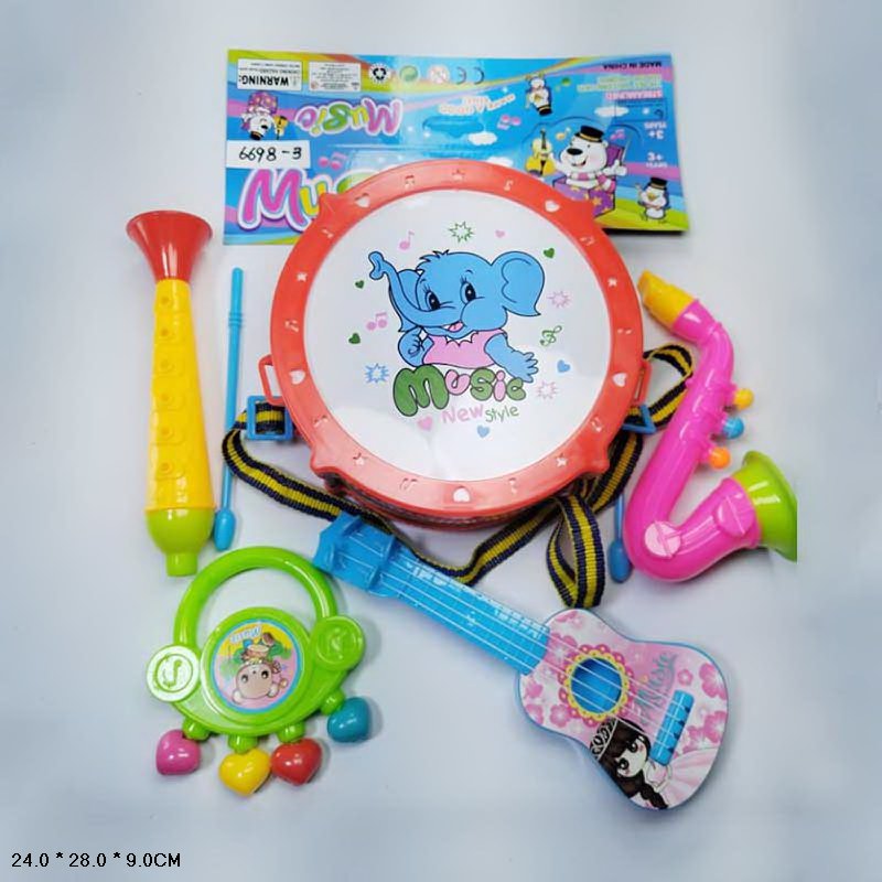 Музичні інструменти. арт. 6698-3 (60шт/2) сопілка,барабан,саксофон,брязкальце,гітара,пакет 24*28*9см