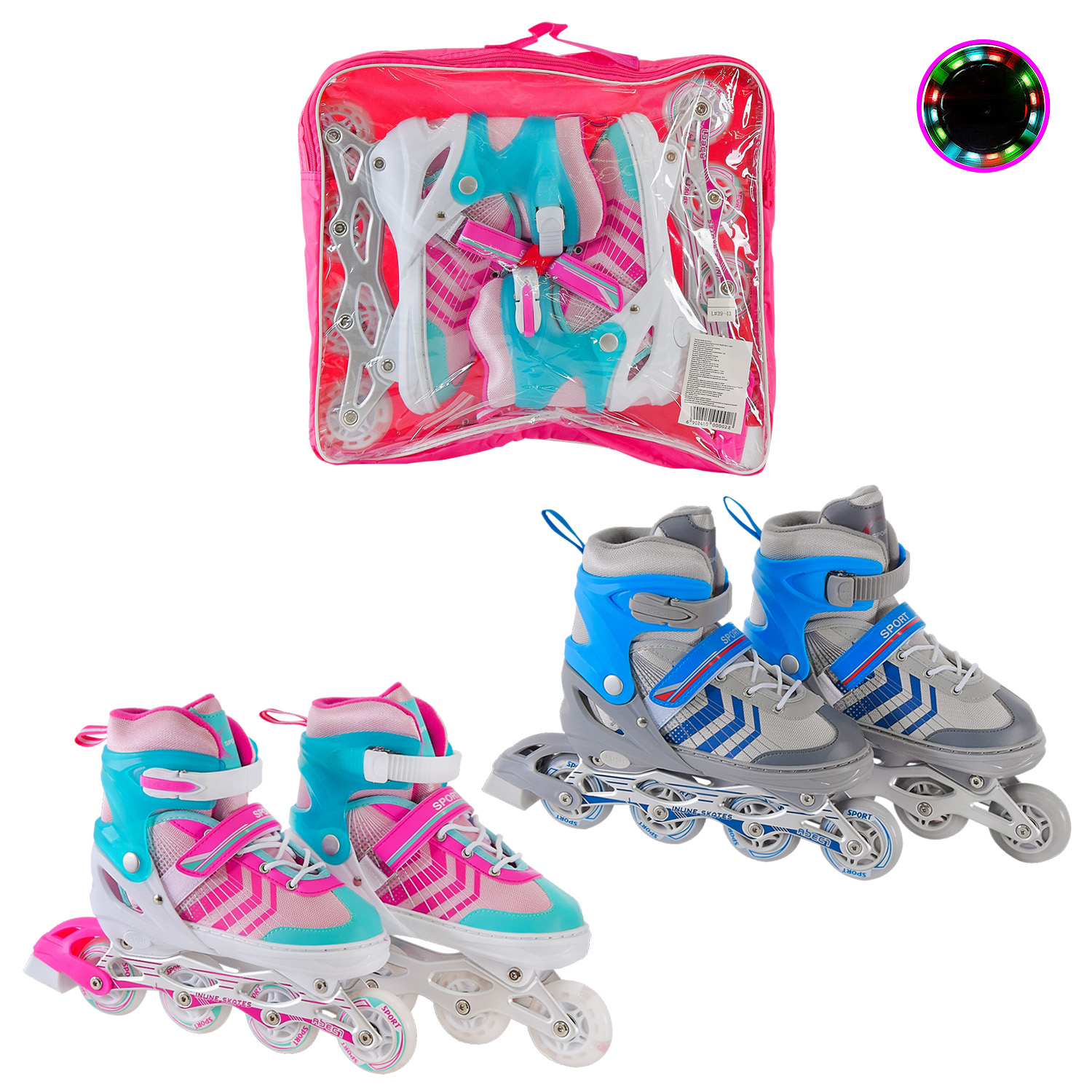 Ролики арт. RL2412 (6шт)L (39-43) метал.рама, колеса PU 1 світло 2 кольори