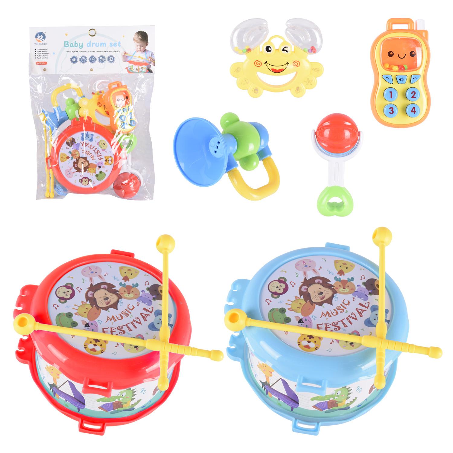 Брязкальце у ручку арт. A994 (96шт/2) 4 шт.+барабан, пакет 24*31*10см