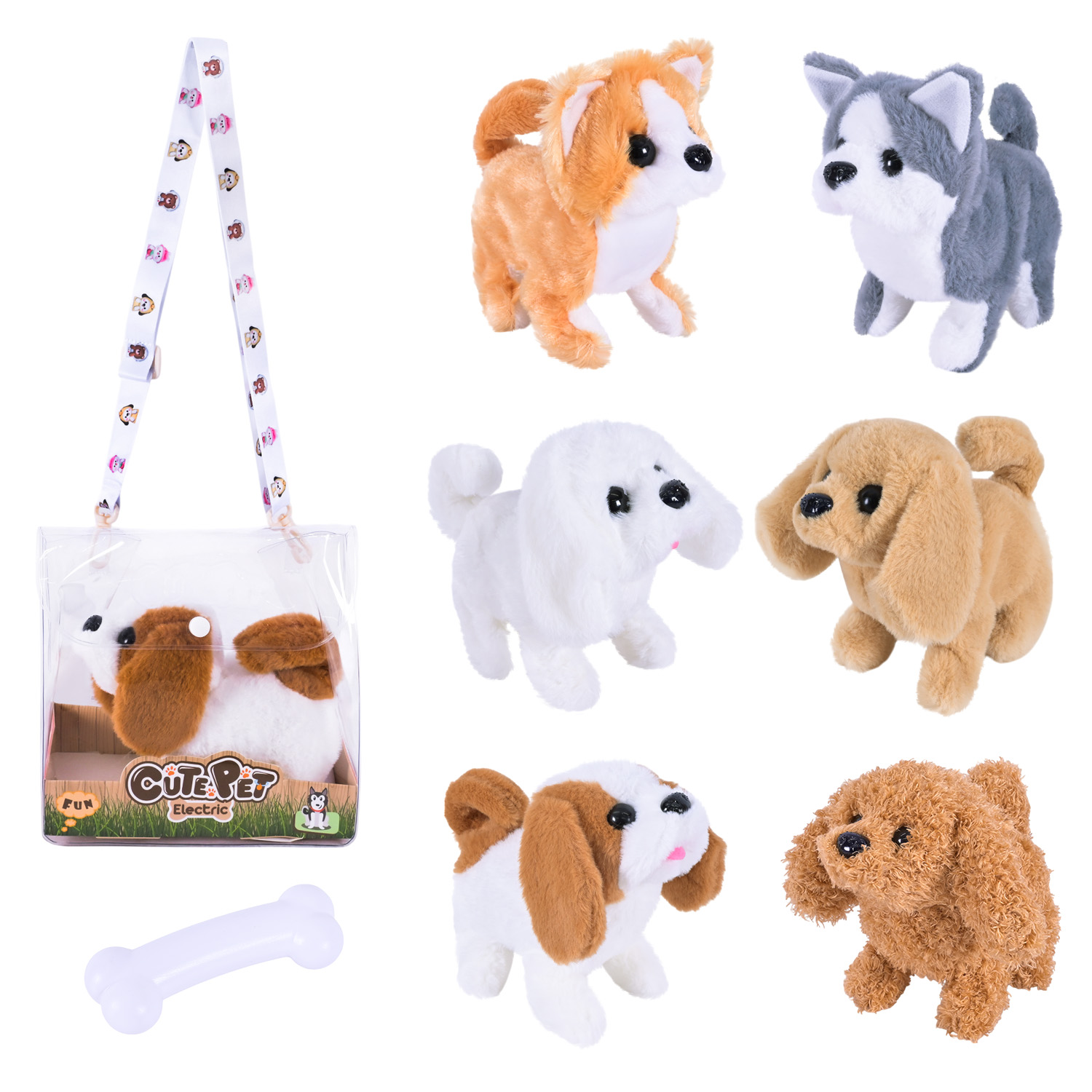 М'яка інтерактивна арт. K7850/51/52/53/54/55 (96шт/2) собачка в сумці 6 мікс ходить, гавкає, р-р сумки 19*12*18 см