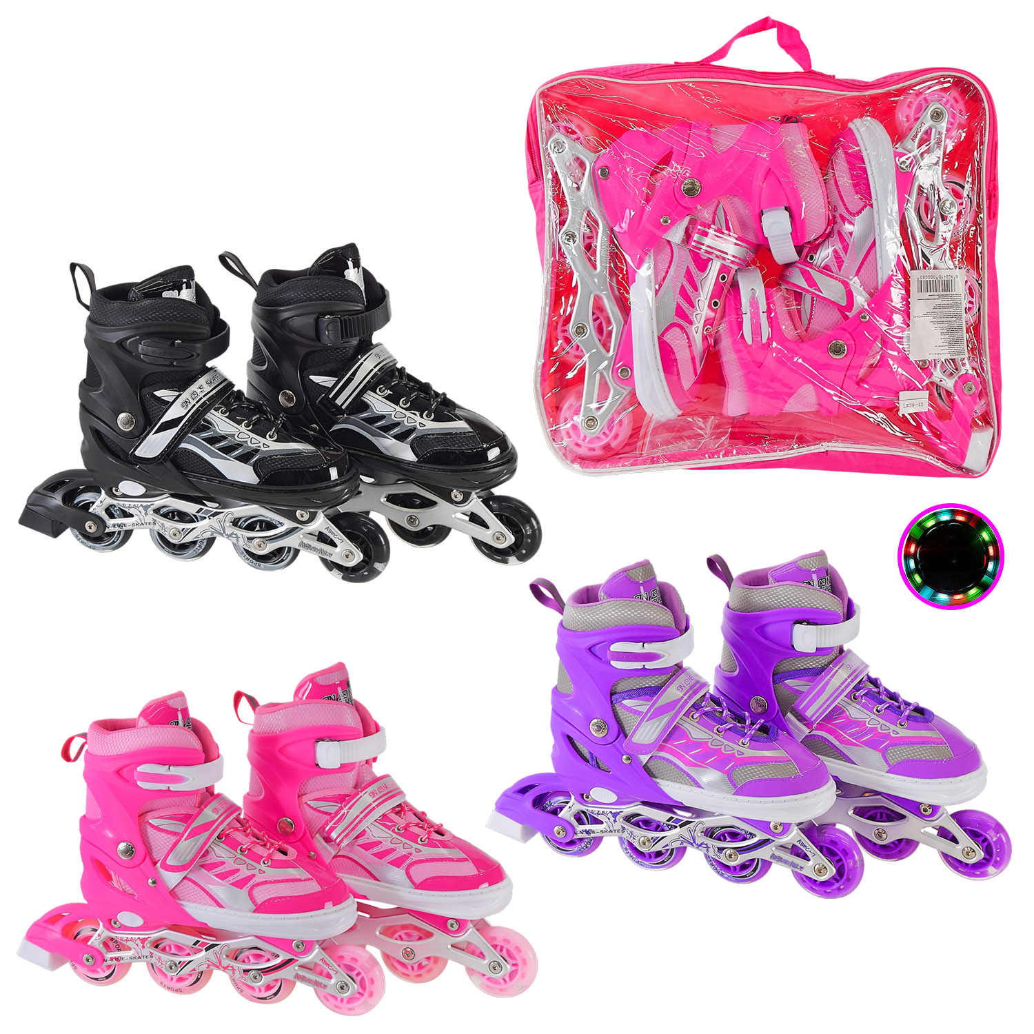 Ролики арт. RL2418 (6шт)L (39-43) метал.рама, колеса PU 1 світло 3 кольори