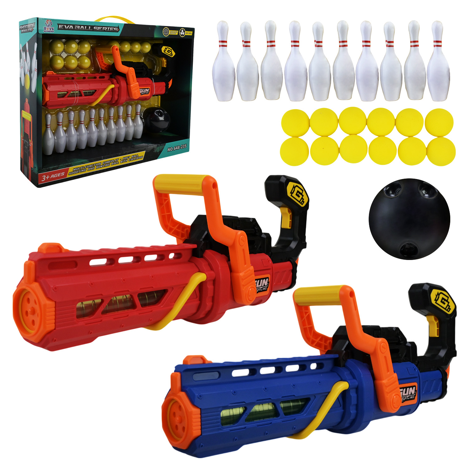 Бластер  648-235 (12шт)  2кольора, стріляє поролон. кулями, короб. 45,5*25*9см