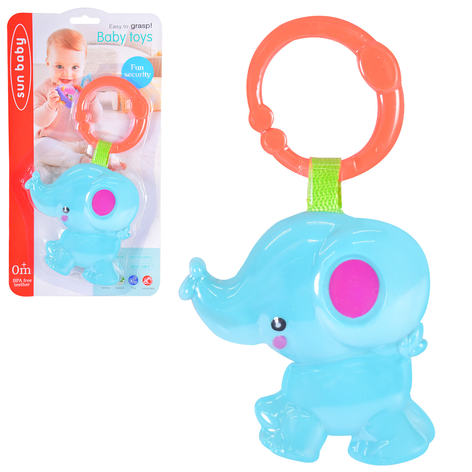 Іграшка брязкальце на підвісці 688-1 (240шт/2) "Слоник" р-р 18*10см, на планшетці 25,5*3,5*13,5см