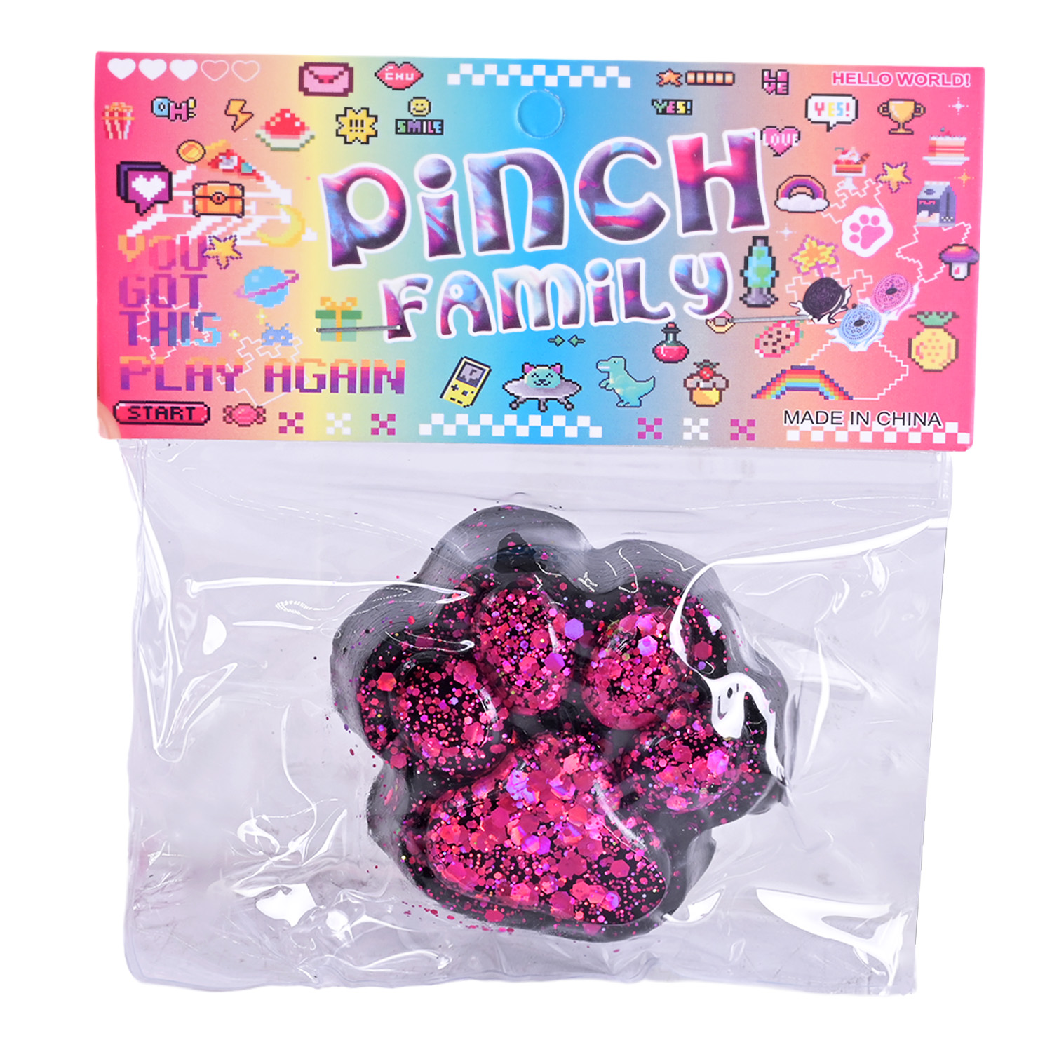 Антистрес арт. C29305 (384шт) Таба лапка чорна з блискітками 6*7см 16шт дисплей бокс 28,5*21*7 см