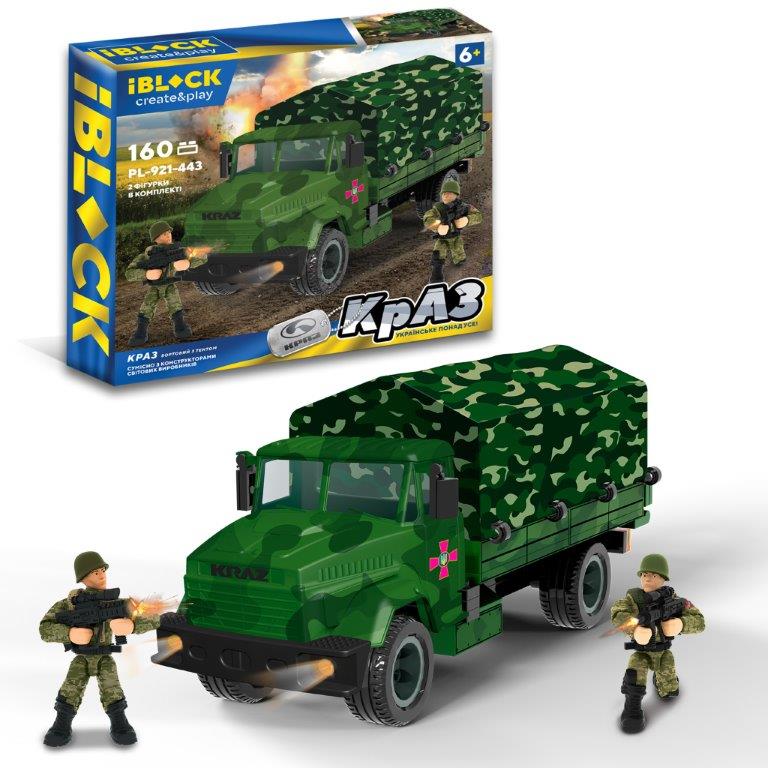 Конструктор IBLOCK арт. PL-921-443 (12шт) Армія, КрАЗ с тентом, 160дет, 2 фігурки у короб. 28,5*6,4*25см