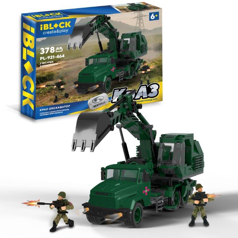Конструктор IBLOCK арт. PL-921-464 (12шт) Армія, КрАЗ Экскаватор, 378дет, 2 фігурки, у короб. 38*6,4*28см