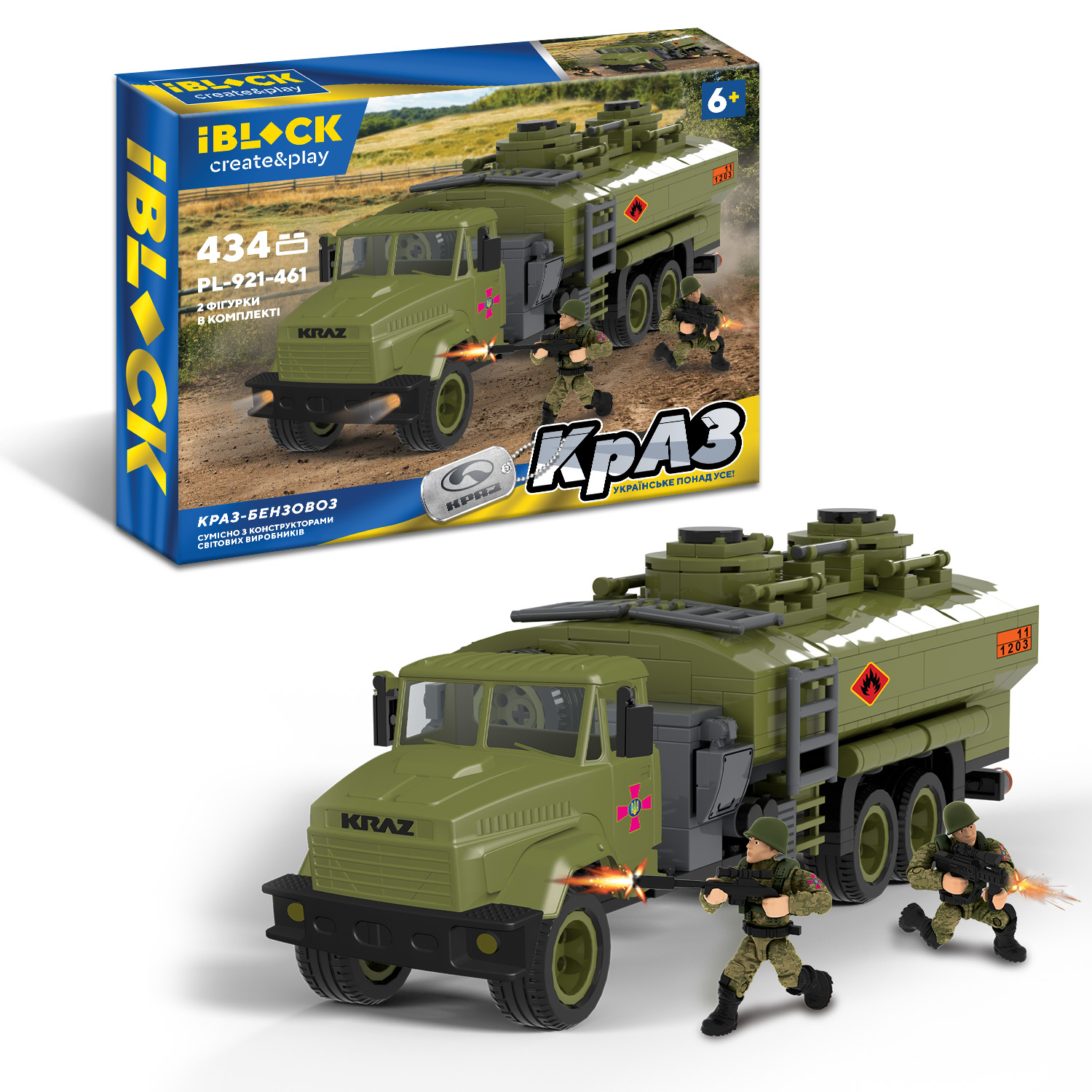 Конструктор IBLOCK арт. PL-921-461 (12шт) Армія, КрАЗ БЕНЗОВОЗ, 434дет, 2 фігурки у короб. 36*5*23см