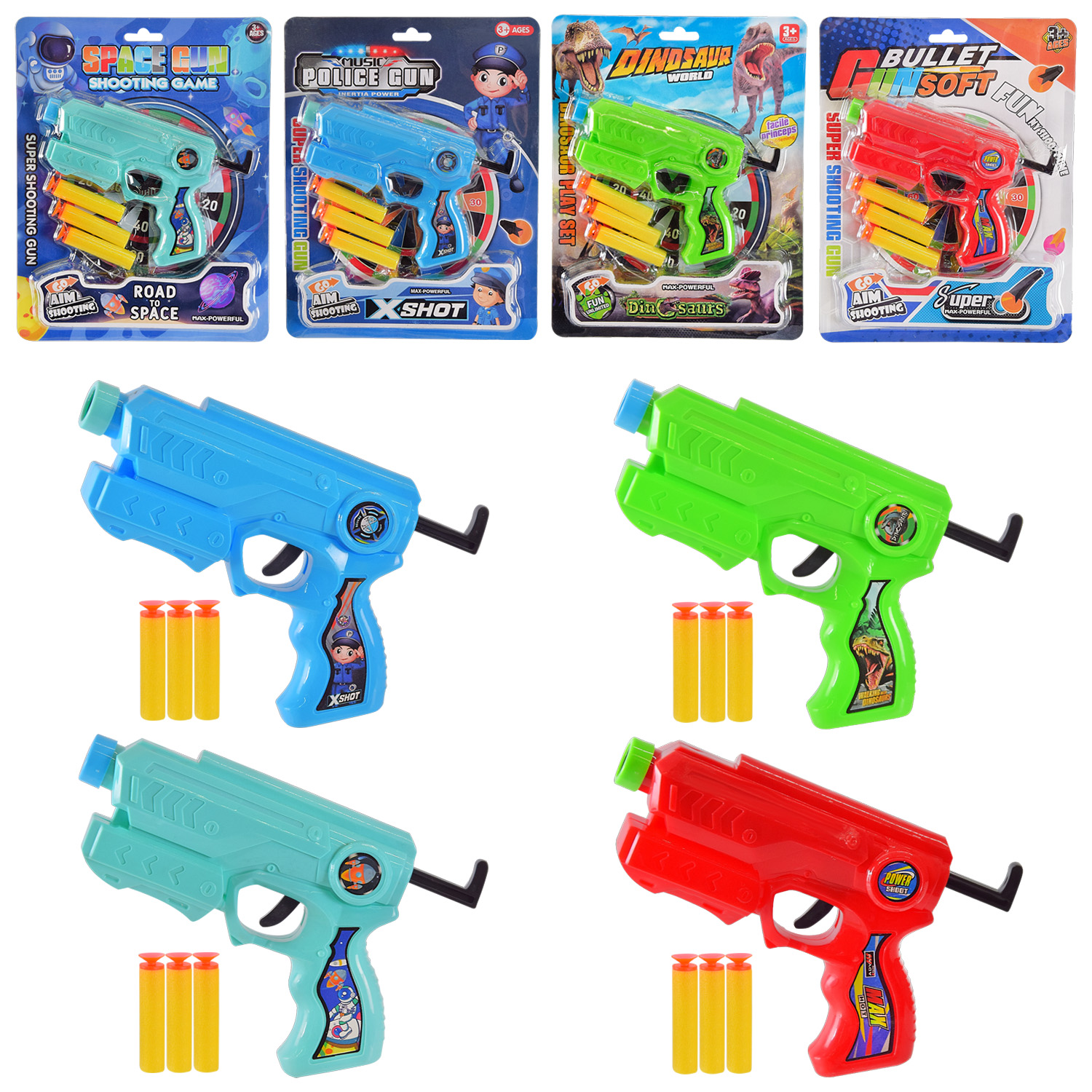 Бластер арт. 0108 (288шт/2) 4 кольори, 3 поролон. снаряд, планш. 23*18см