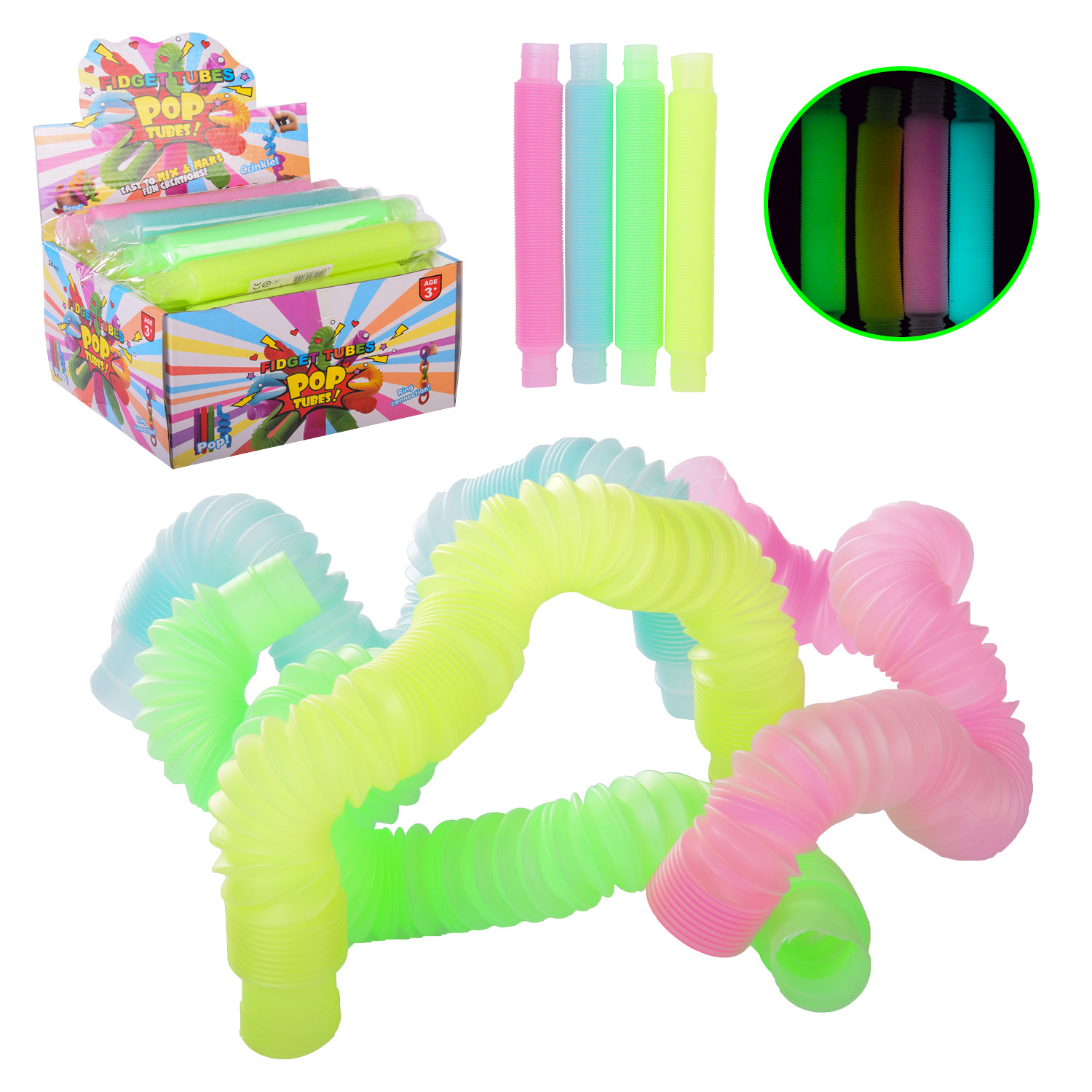 Іграшка Pop Tube арт. 18112 (720шт) світло в темряві, мікс кольорів, 24 шт  дисплей бокс. - 21 * 18 * 11.5 см, р-н іграш. - 20 см/ціна за шт/