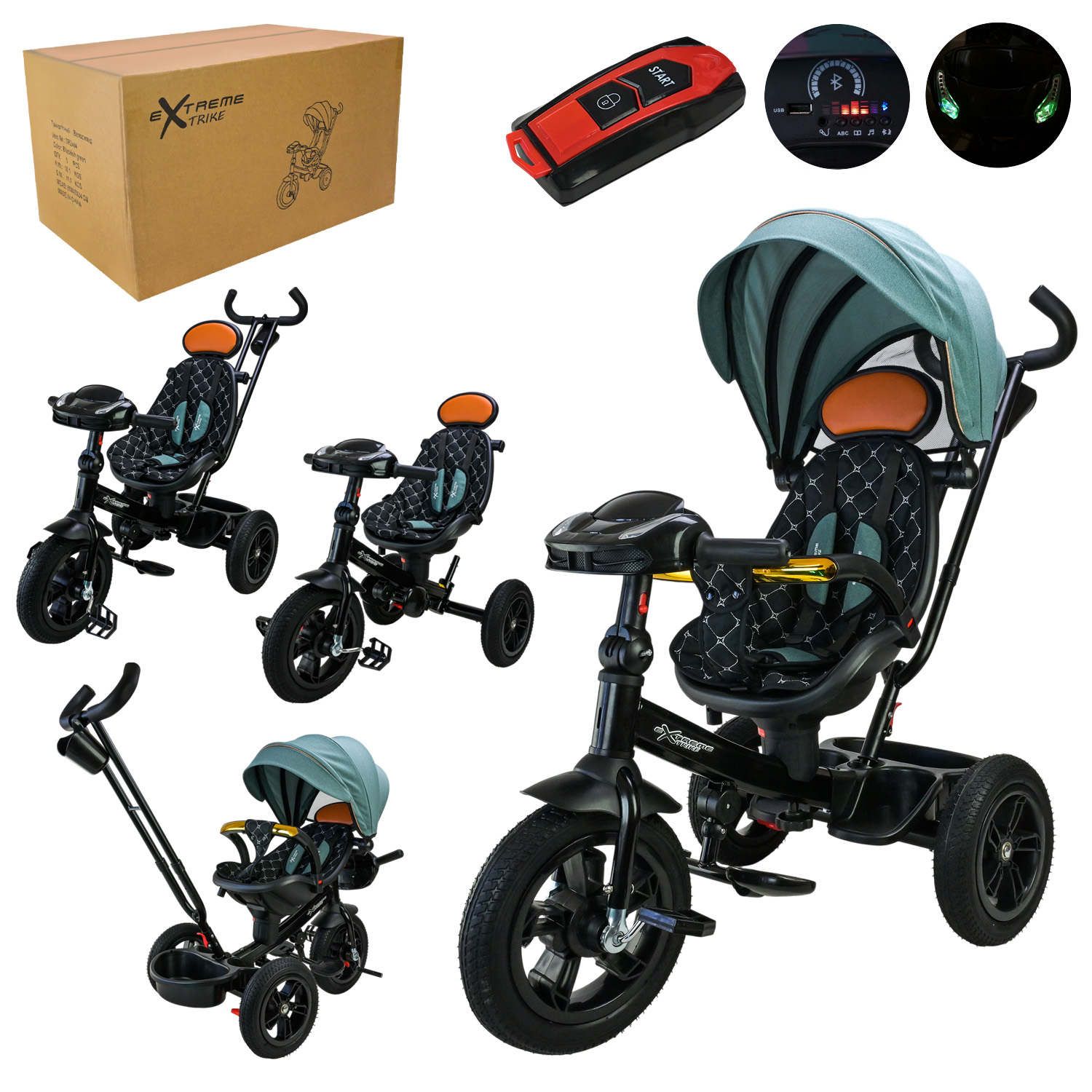 Велосипед 3-х колісний арт. TR2404 (1шт) гумовіколеса 12'' і 10'' з гальмом, пультом bluetooth підключення, батар., звук, світло, з батьківскою ручкою та дахом, у короб. 60х40х34 см