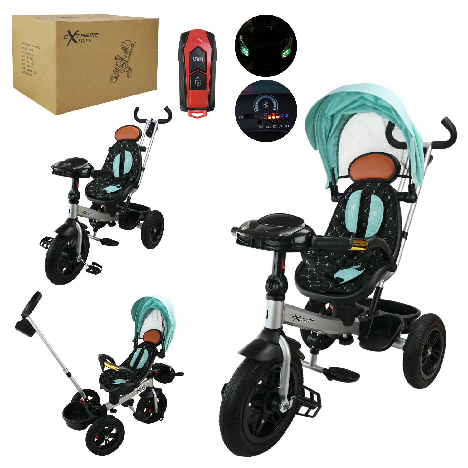 Велосипед 3-х колісний арт. TR2405 (1шт) гумові колеса 12'' і 10'' з гальмом, пультом  bluetooth підключення, батар., звук, світло, з батьківскою ручкою та дахом, у короб. 60х40х34 см